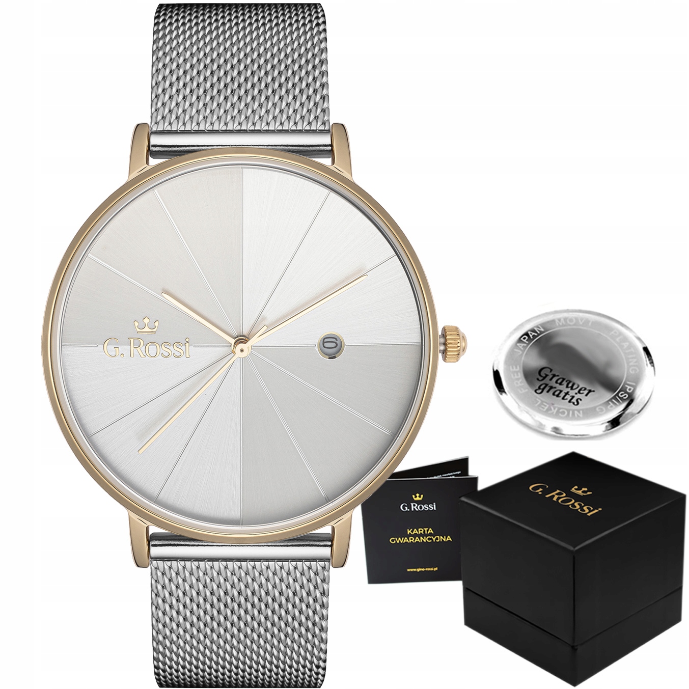 Dámské hodinky G. Rossi Ambica klasická síťovina datumovka box Gravírování