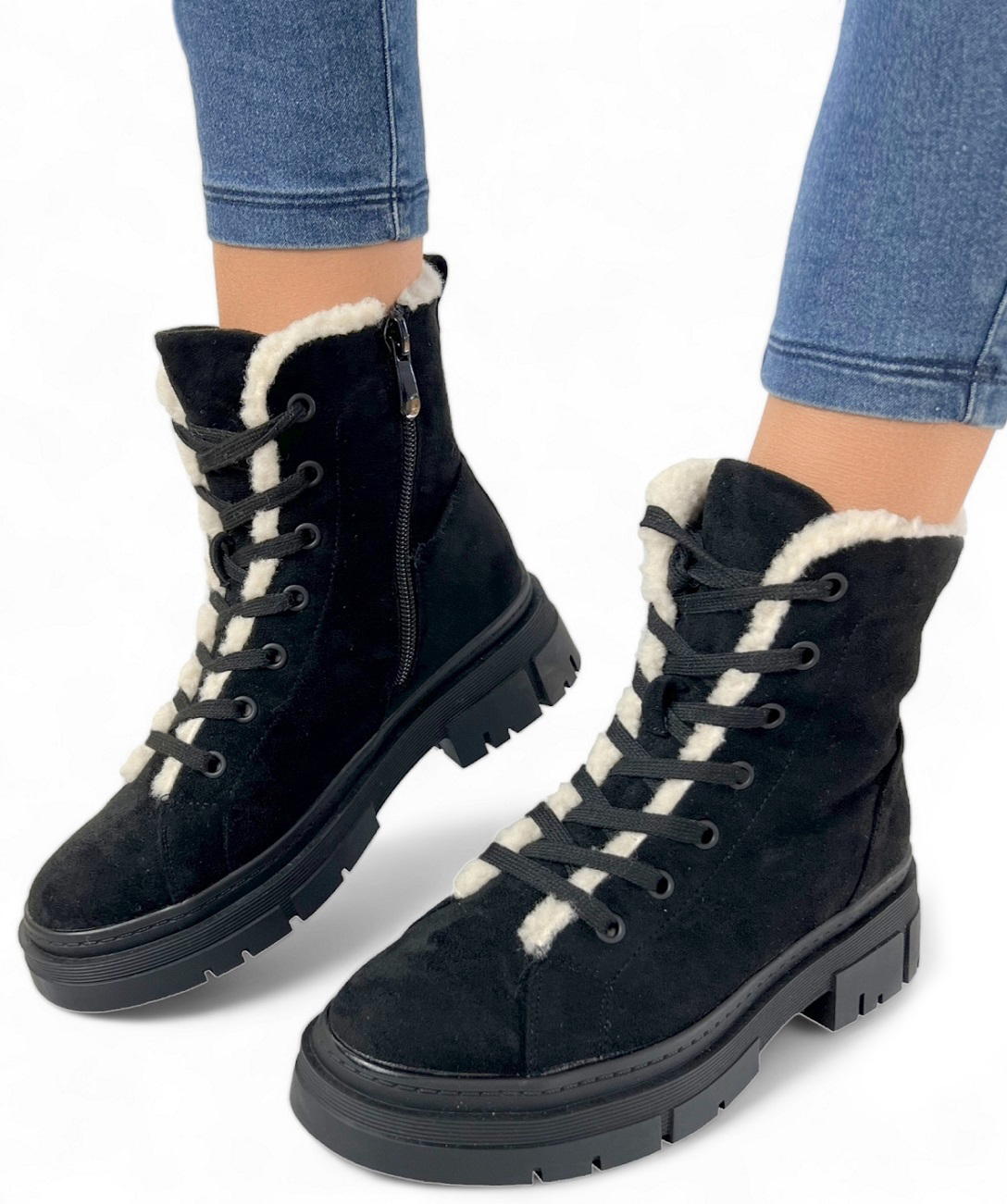 Kotníkové Boty Šněrovací Sněhule se zapínáním na zip Černé Trepy Dámské *39*