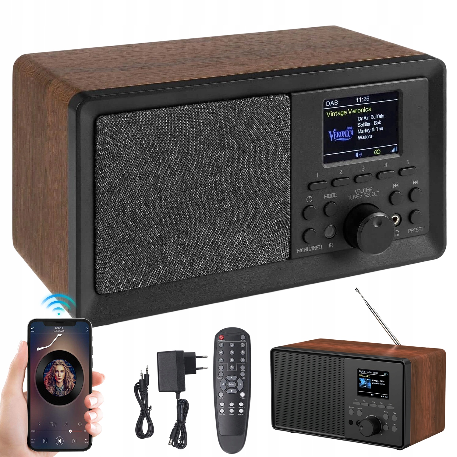 Bezdrátové Rádio Vintage Dab Fm S Dálkovým Ovládáním Budík Bluetooth 5.0 Aux Usb