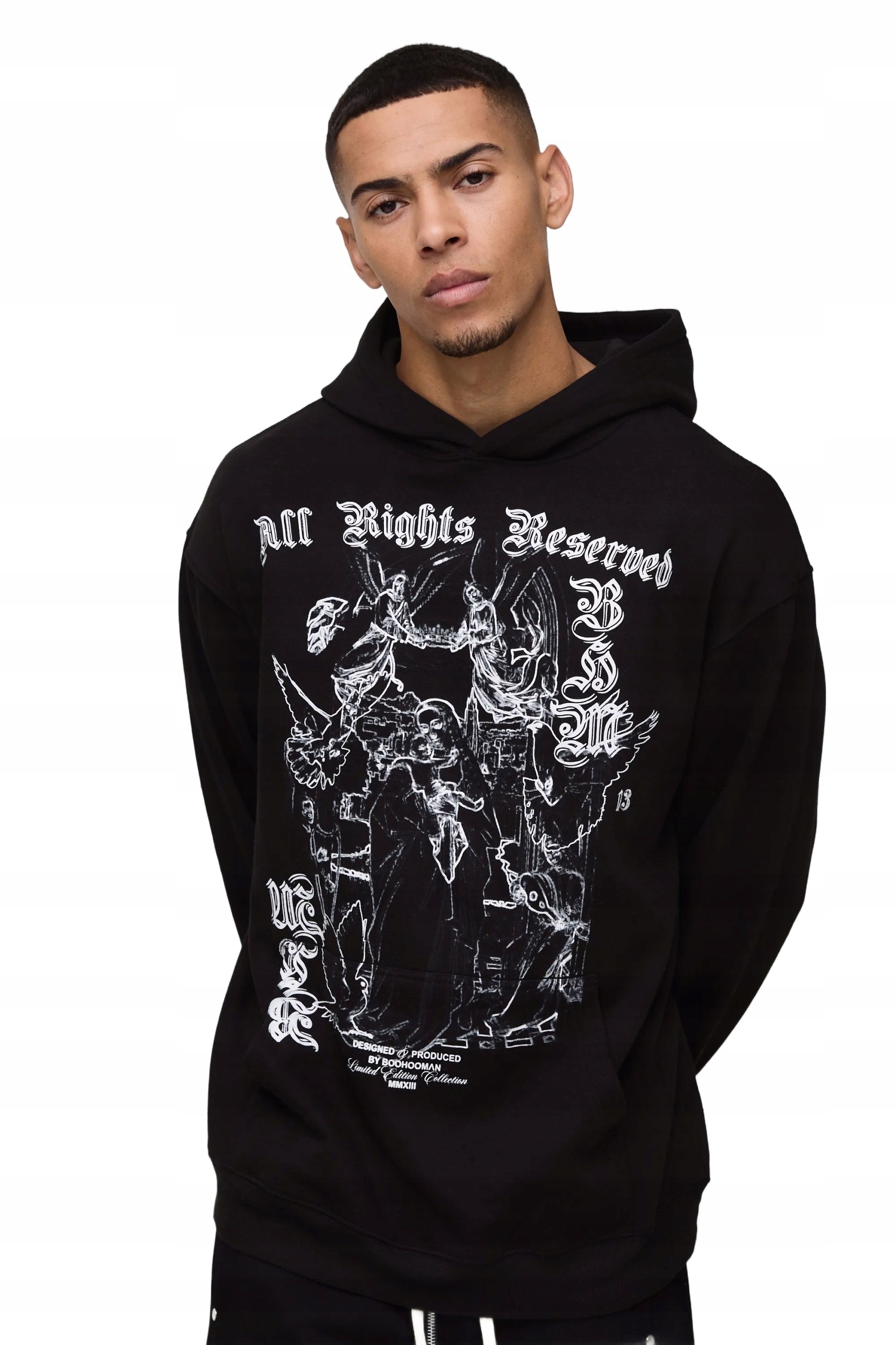 Boohooman Pánská Mikina S Kapucí Černá S Potiskem Z3A