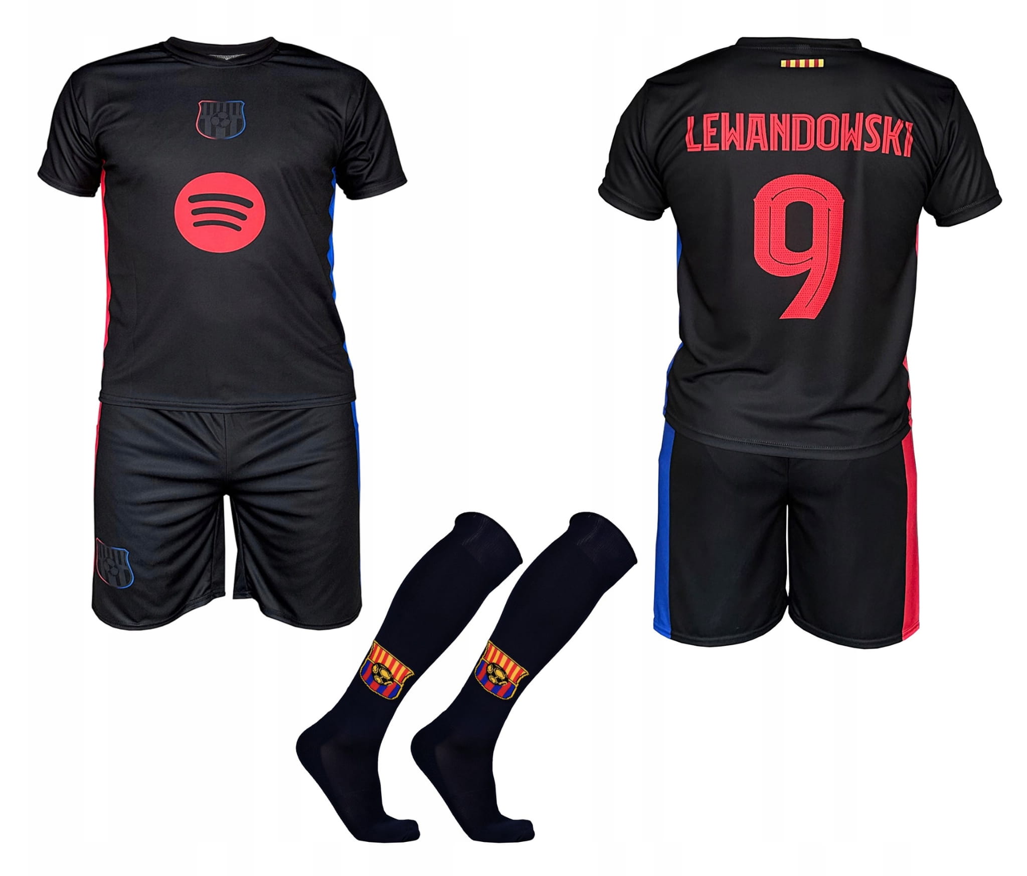 Strój piłkarski Lewandowski Barcelona komplet koszulka spodenki getry 134