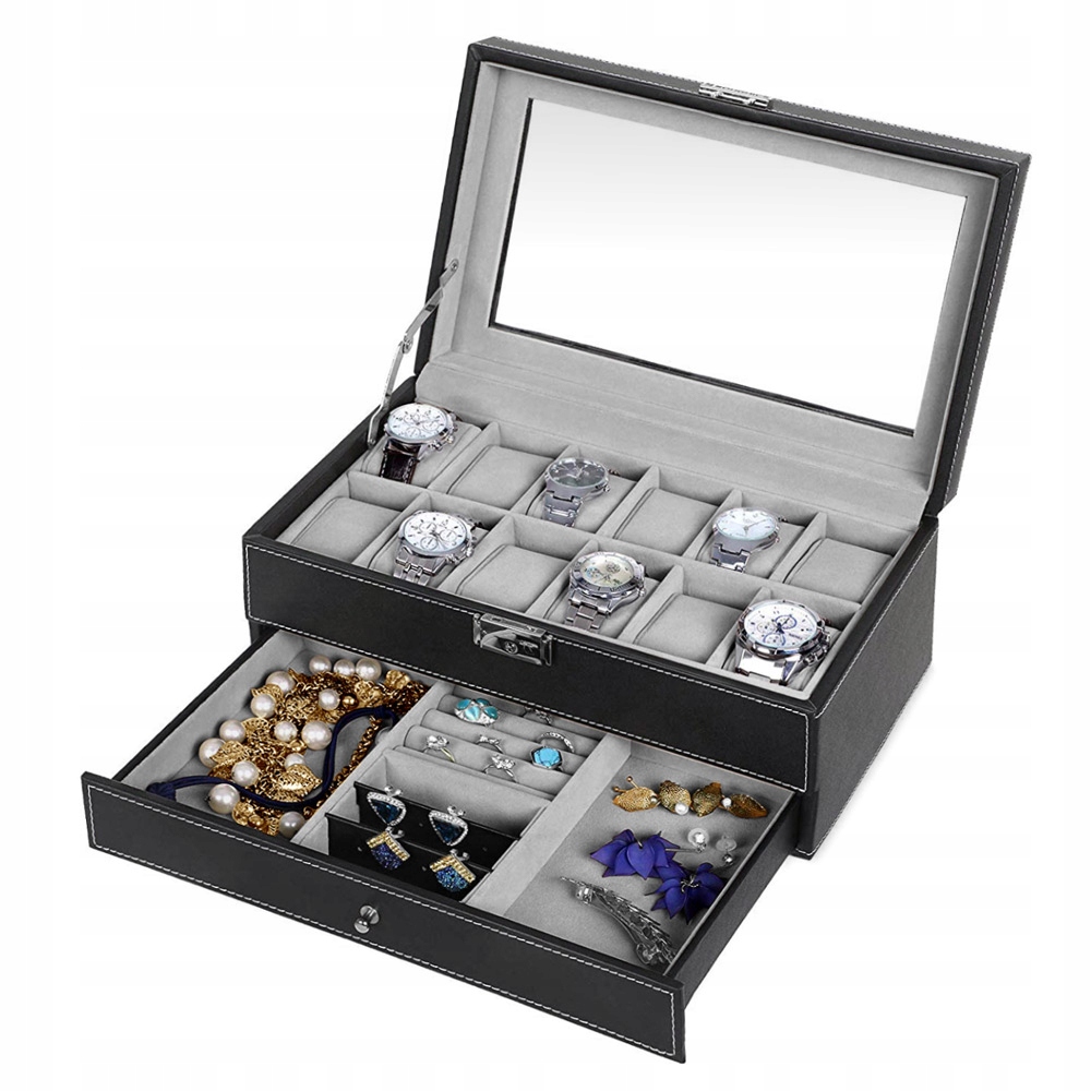 Szkatułka na Biżuterię Zegarki z Grawerem Prezent dla Męża Chłopaka Kolor czarny