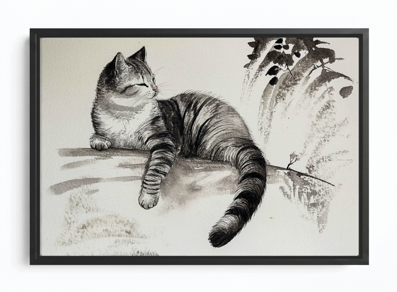 Obraz Rám Americká Krabička Grafika Kresba Tusz Skica Mono Pruhovaná Kočka 60x40
