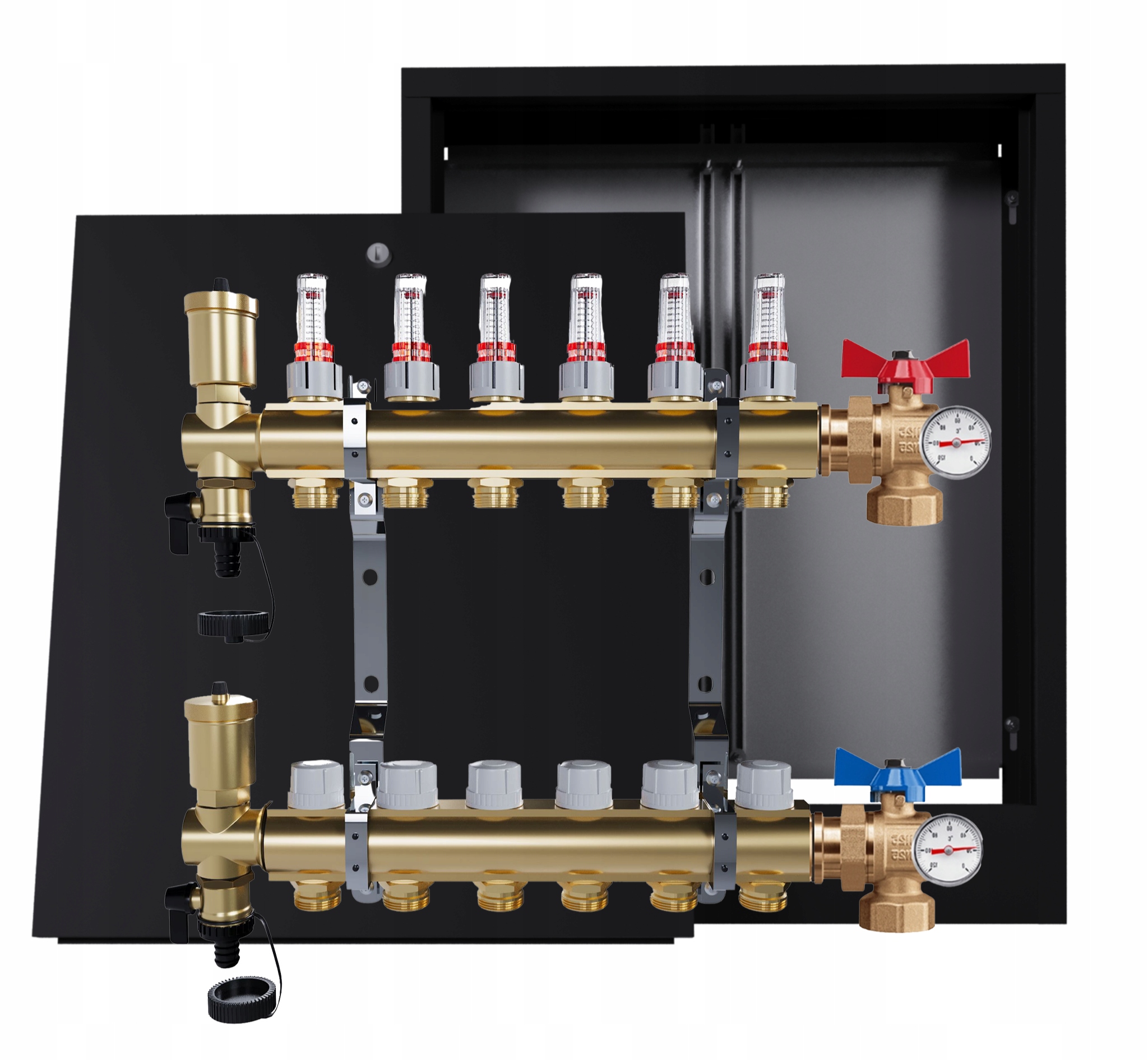 Rozdělovač Pro Podlahu 6 Okruhů Ventily Nástěnná Skříňka Černá