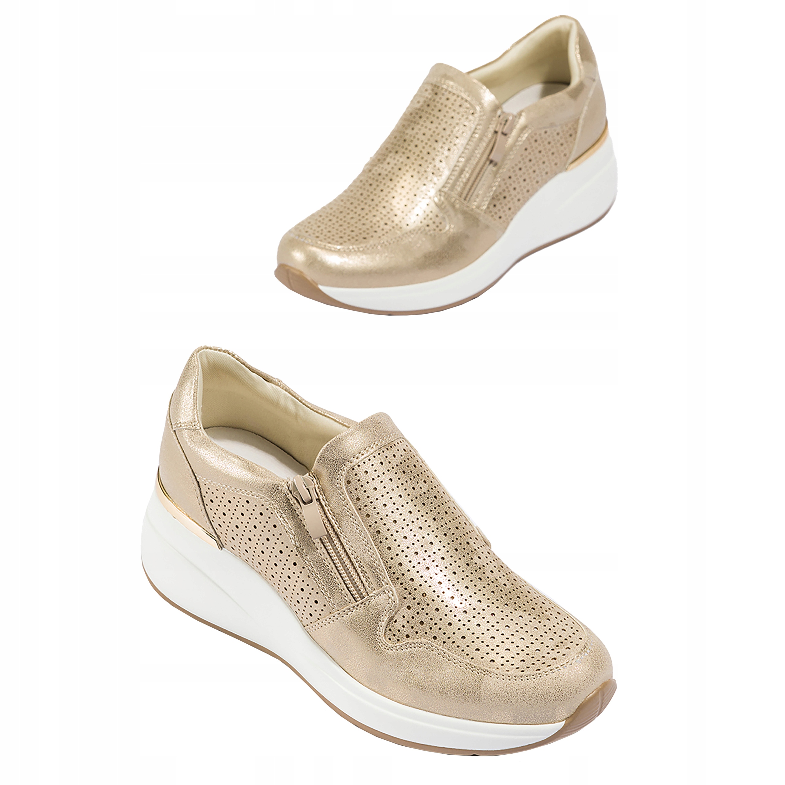 Półbuty Ażurowe Złote Sneakersy Damskie Na Koturnie Skórzana Wkładka r 39