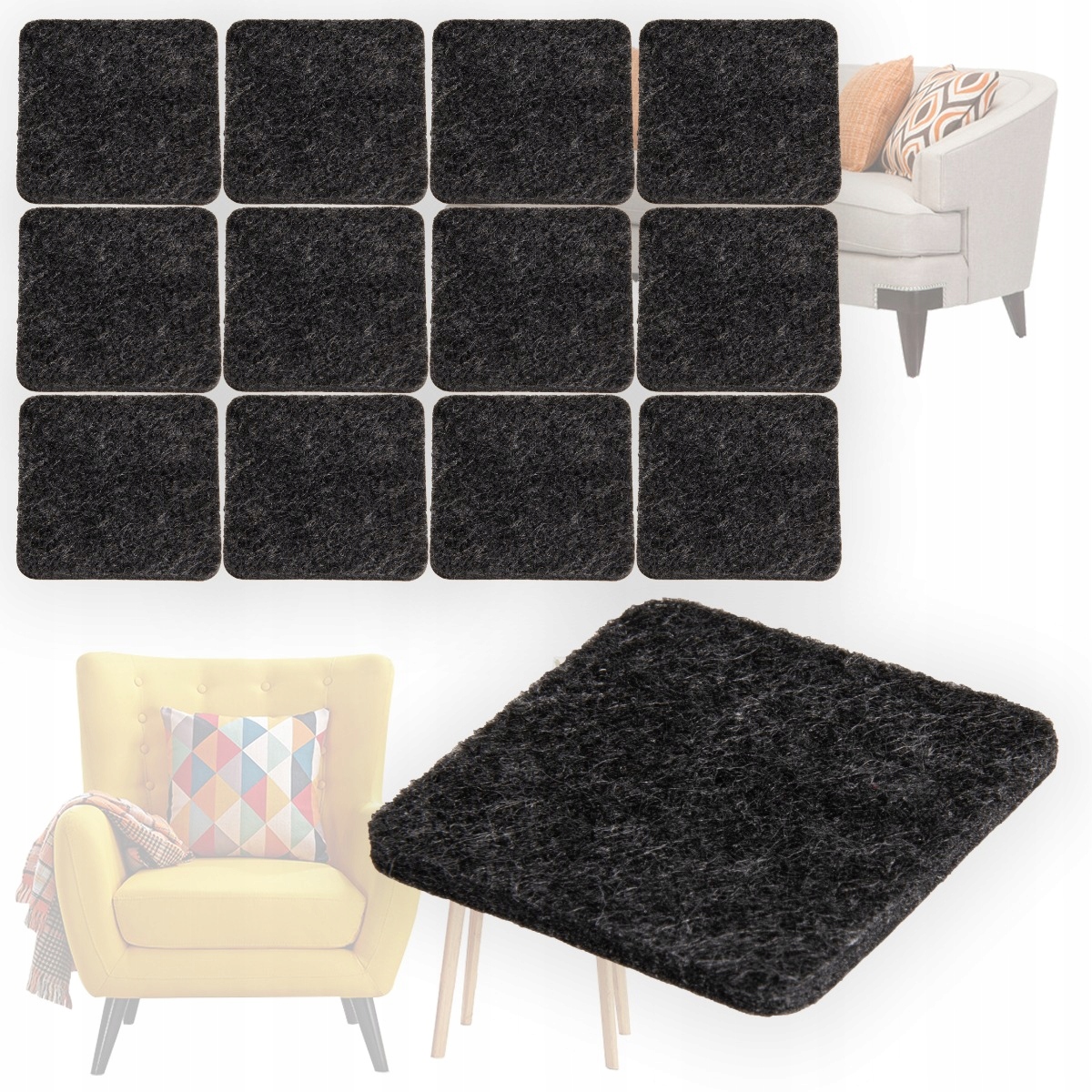 PODKŁADKI POD MEBLE KRZESŁA FILCOWE KWADRAT 12 SZT