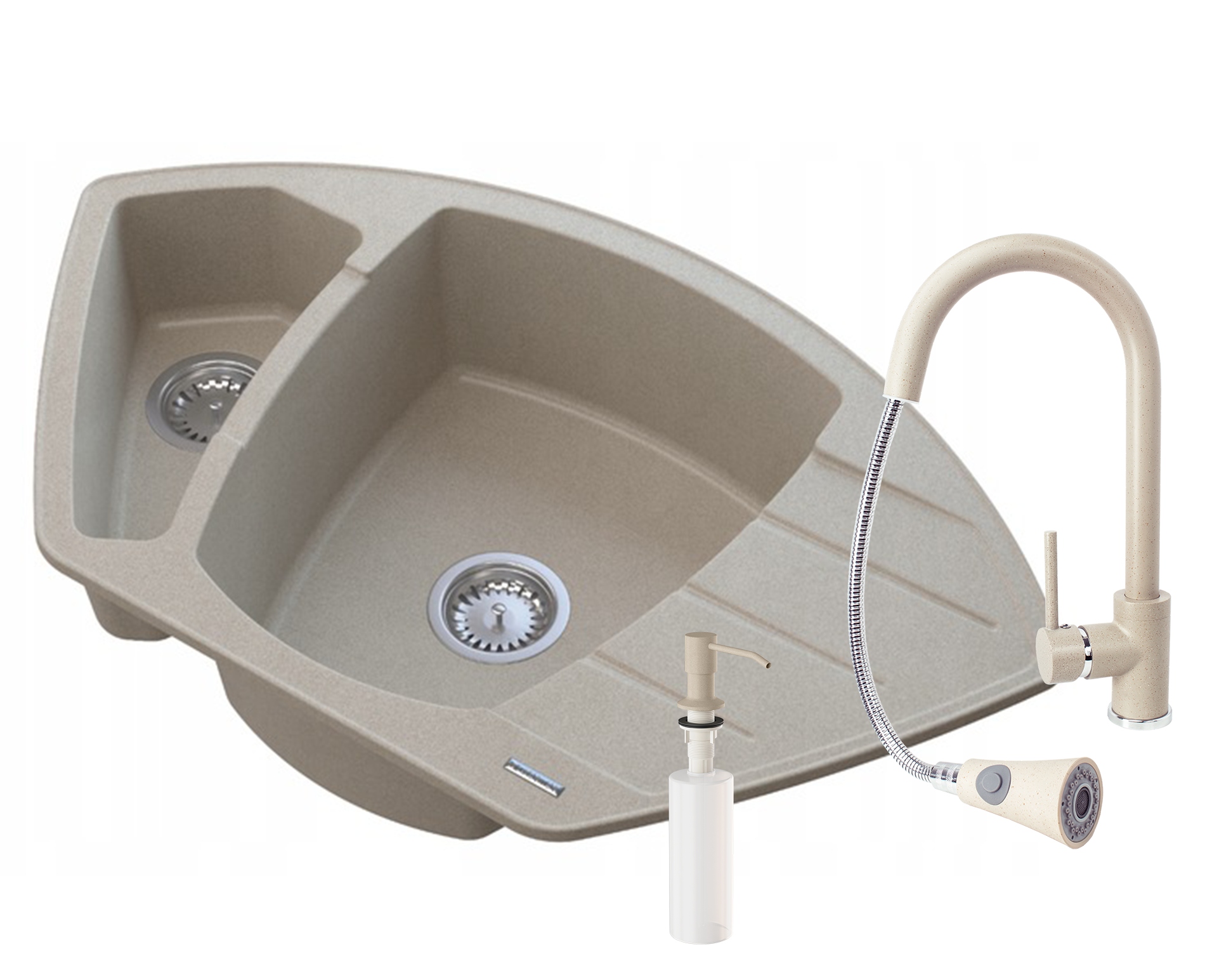 Granitový Rohový Drez, Batéria S Výsuvným Výtokom, Dávkovač Compact