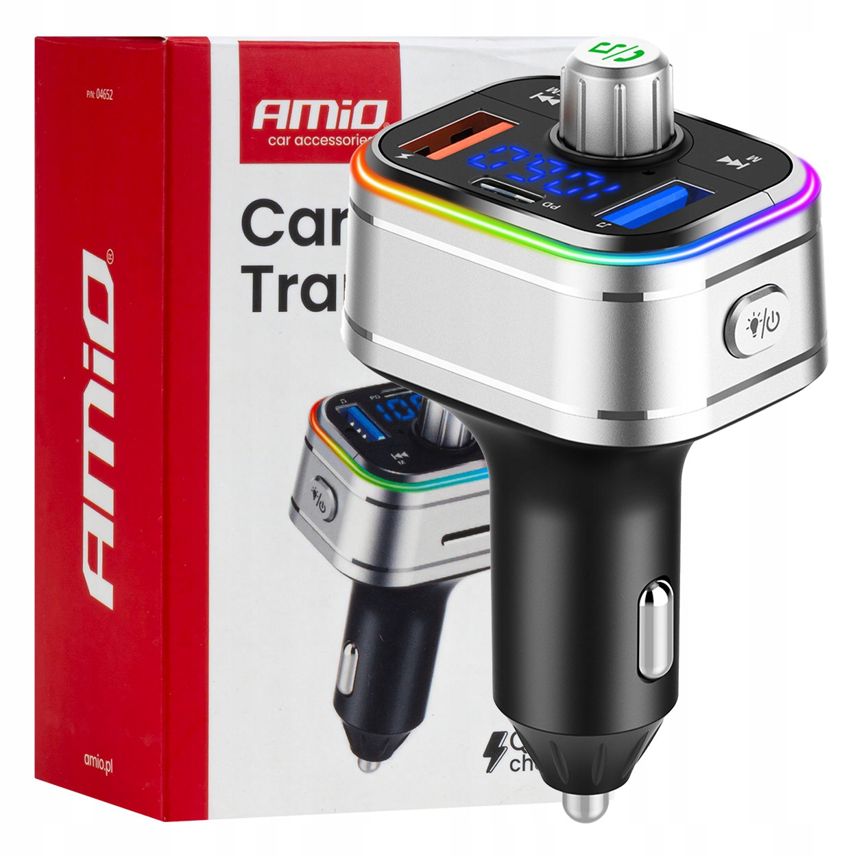 Transmiter samochodowy Fm 2×USB-A 1×USB-C microSD 12V 24V AMIO-04652