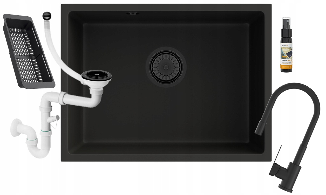 Granitový drez Manado 60 pod dosku, čierny, sifónový drez, batéria, sada