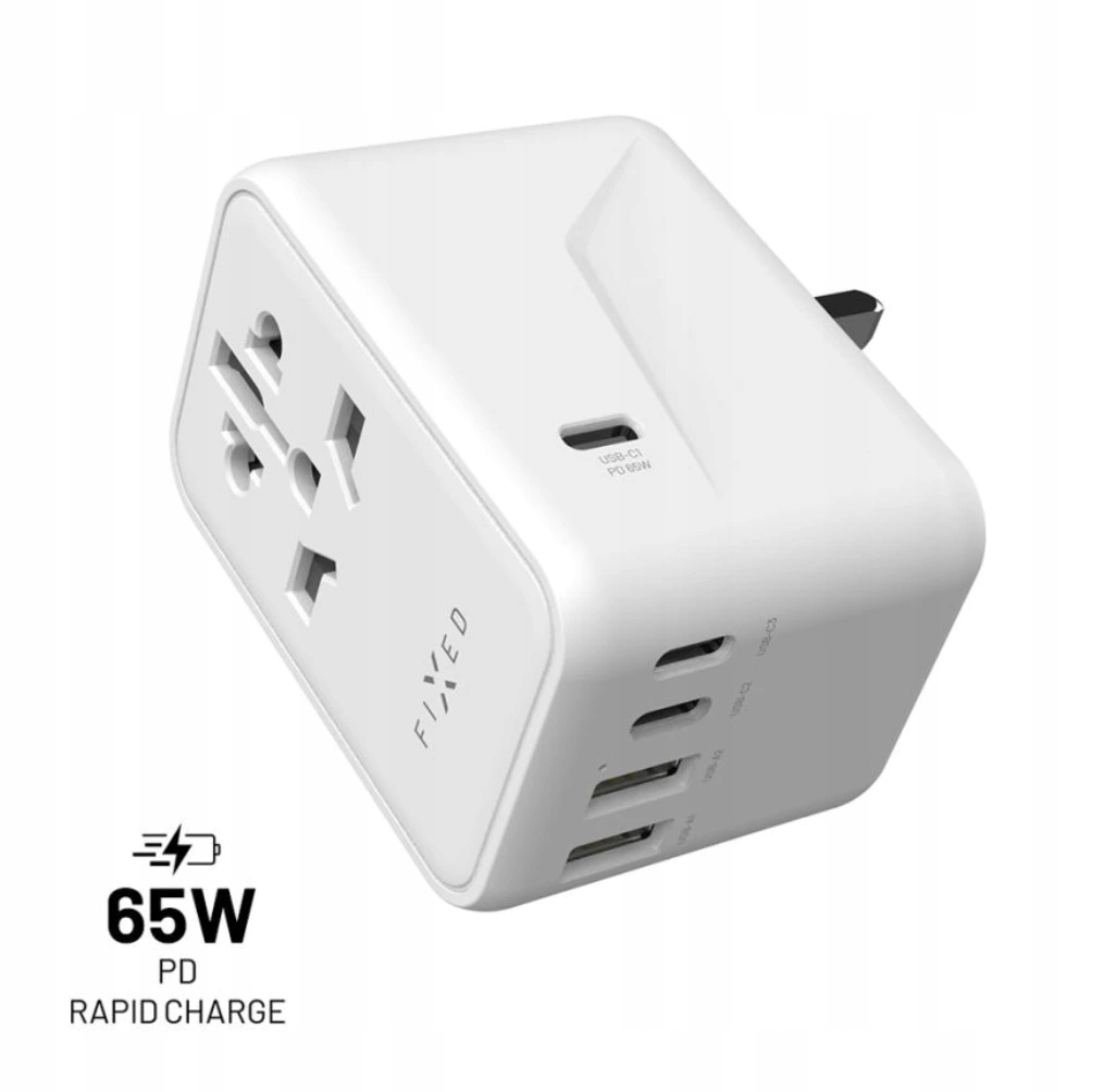 Cestovní adaptér Fixed Voyager 65 W pro Eu, Uk a Usa/aus, s 3xUSB-C a 2xUSB