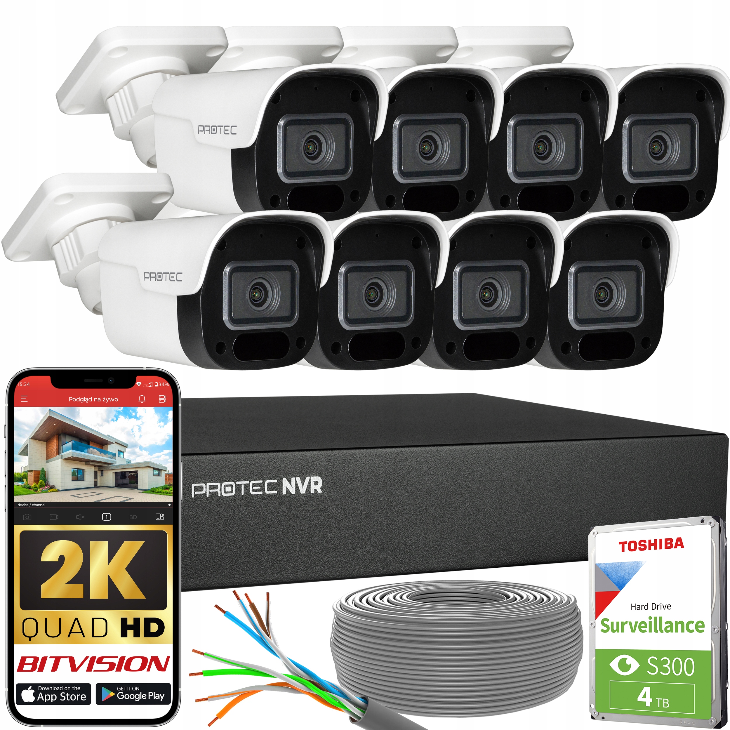 Zestaw Monitoringu 8 Kamer Ip PoE 4Mpx z Mikrofonem Podgląd z Hdd