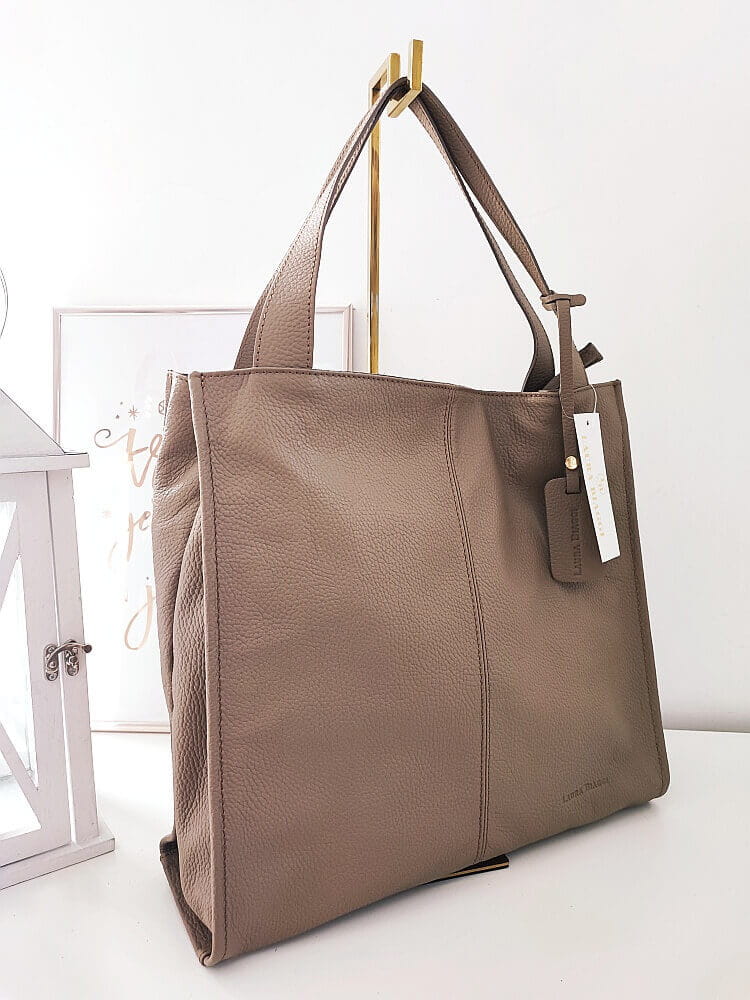 Laura Biaggi skórzana torba shopper ciemnobeżowa z przeszyciem Kolor beżowy