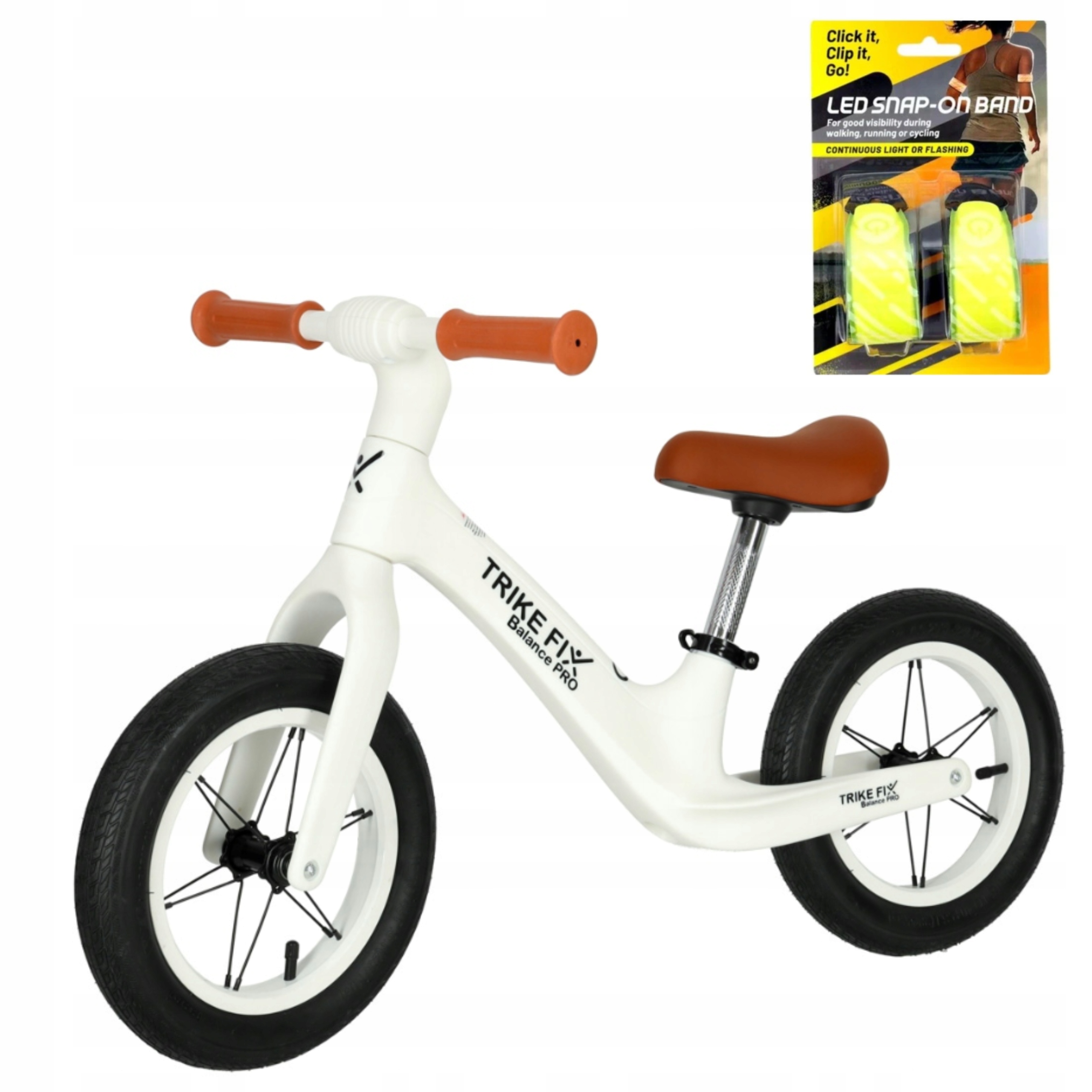 Biały rowerek biegowy biegówka wytrzymały dwie opaski Led Lampki