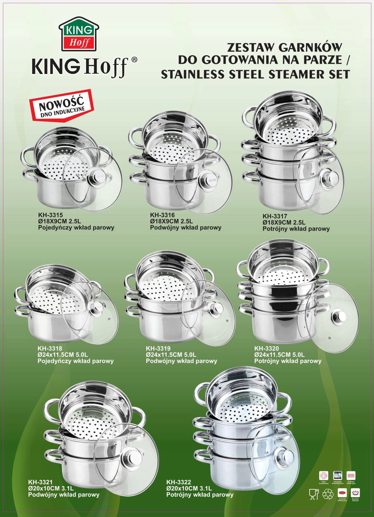 GARNKI NA PARĘ 5 ELE 22CM KINGHOFF KH-3329 Waga produktu z opakowaniem jednostkowym 3.5 kg