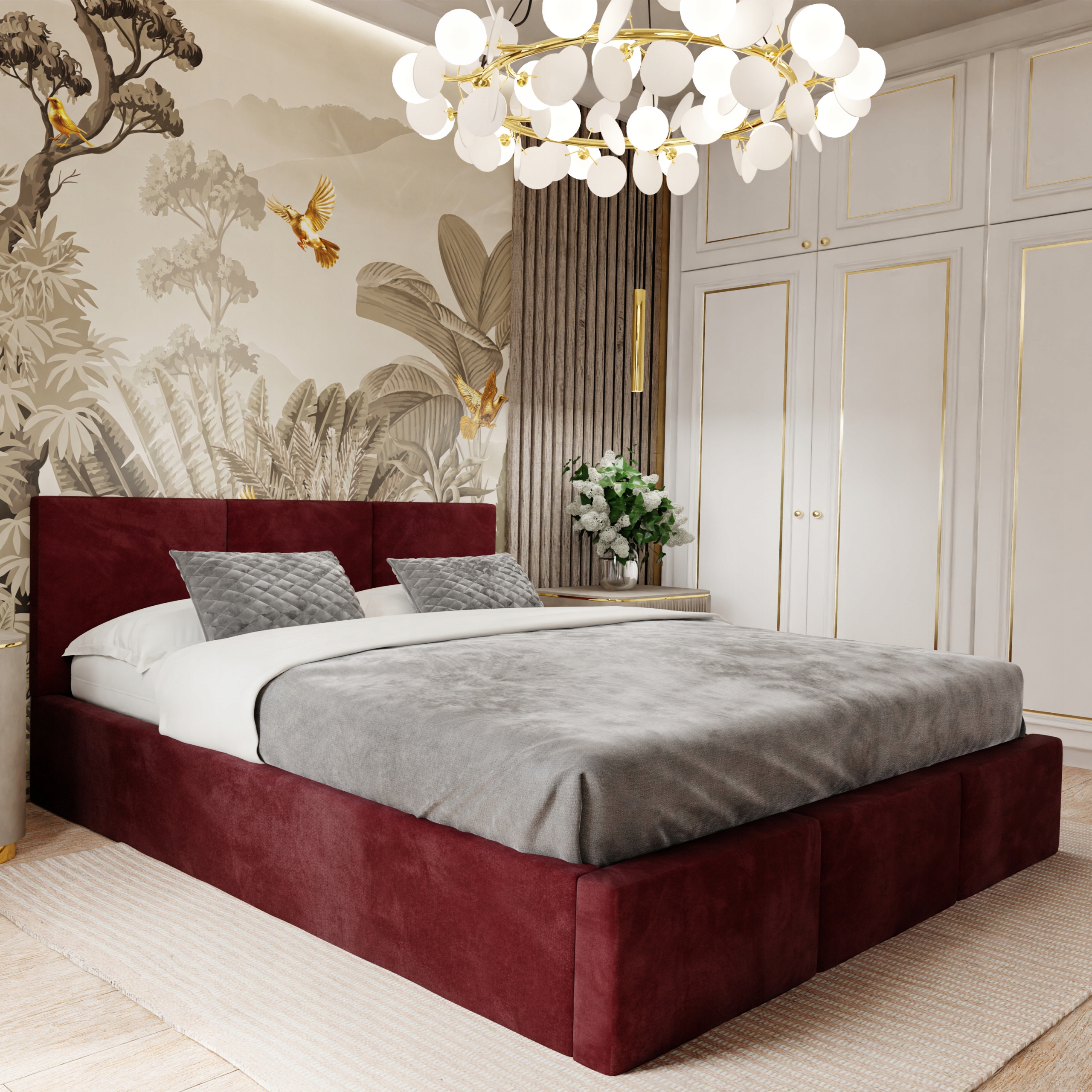 Čalouněná Postel Do Ložnice 180x200 Dvoulůžková Postel S Úložným Prostorem Vínová