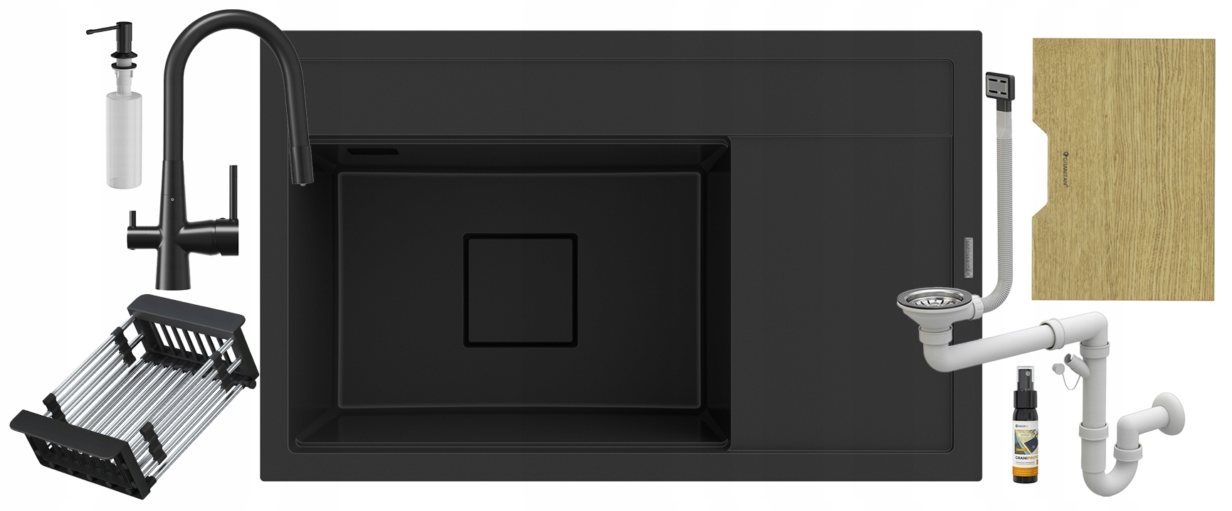 Čierny granitový drez Rendo Set batéria do filtra odkvapkávacia doska umývačka