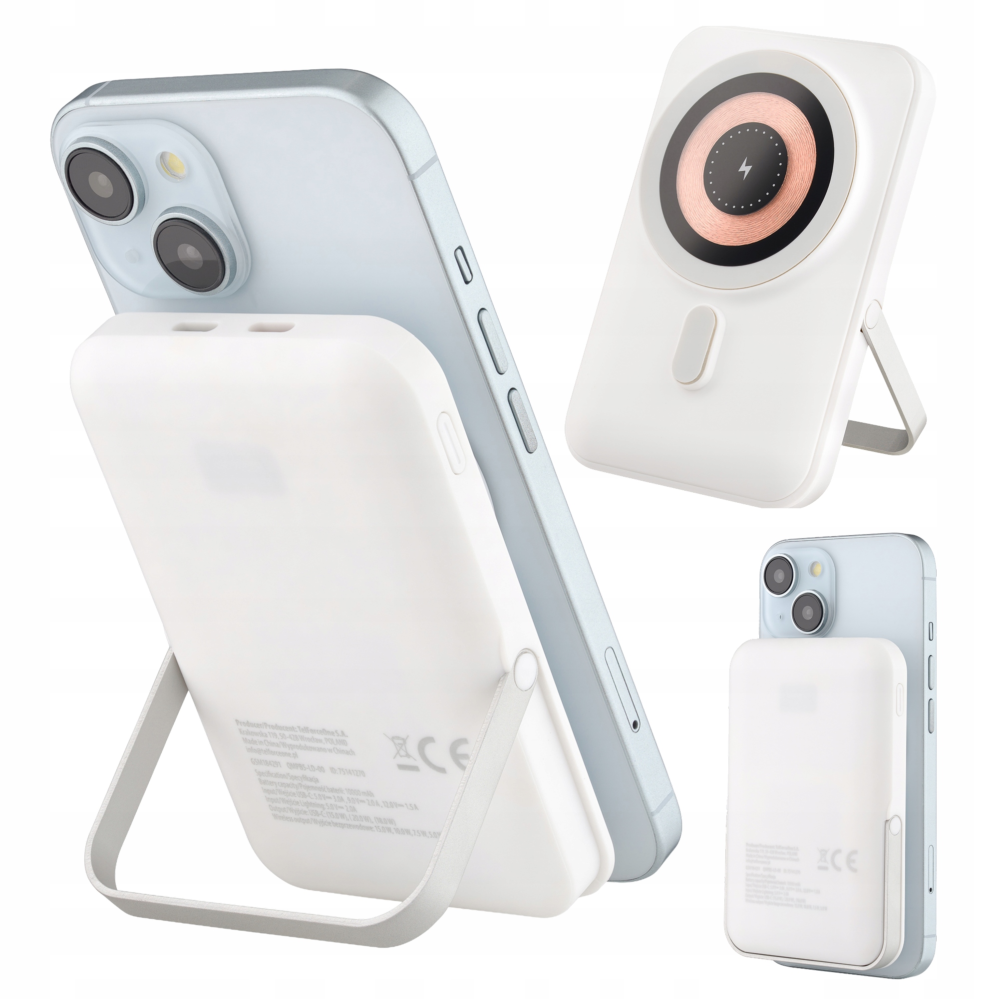 Powerbanka 10000 mAh Qualo kompatibilní s MagSafe Usb-c, podstavec bílý