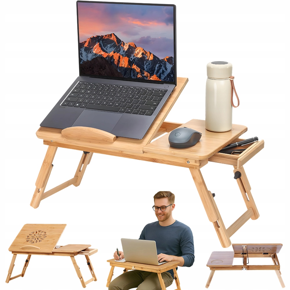 Stolek pod notebook do domácnosti i práce, vyrobený z bambusu, s zásuvkou, hnědý