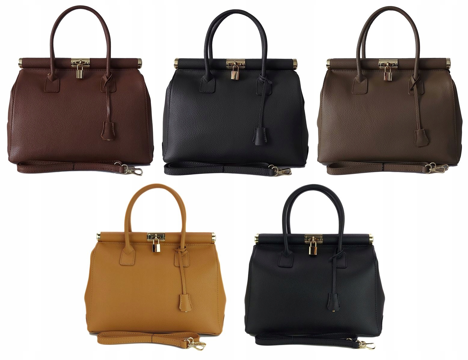 Duża włoska torba A4 skóra shopper kłódka Beżowa Wielkość duża (mieszcząca A4)