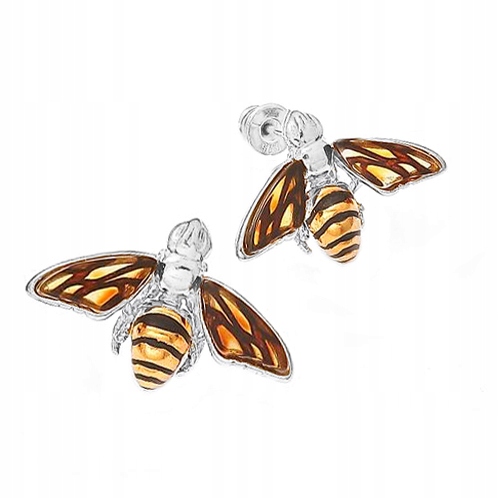 Stříbrné Náušnice Včely s gravírovaným Jantarem na tyčinku Stříbro 925