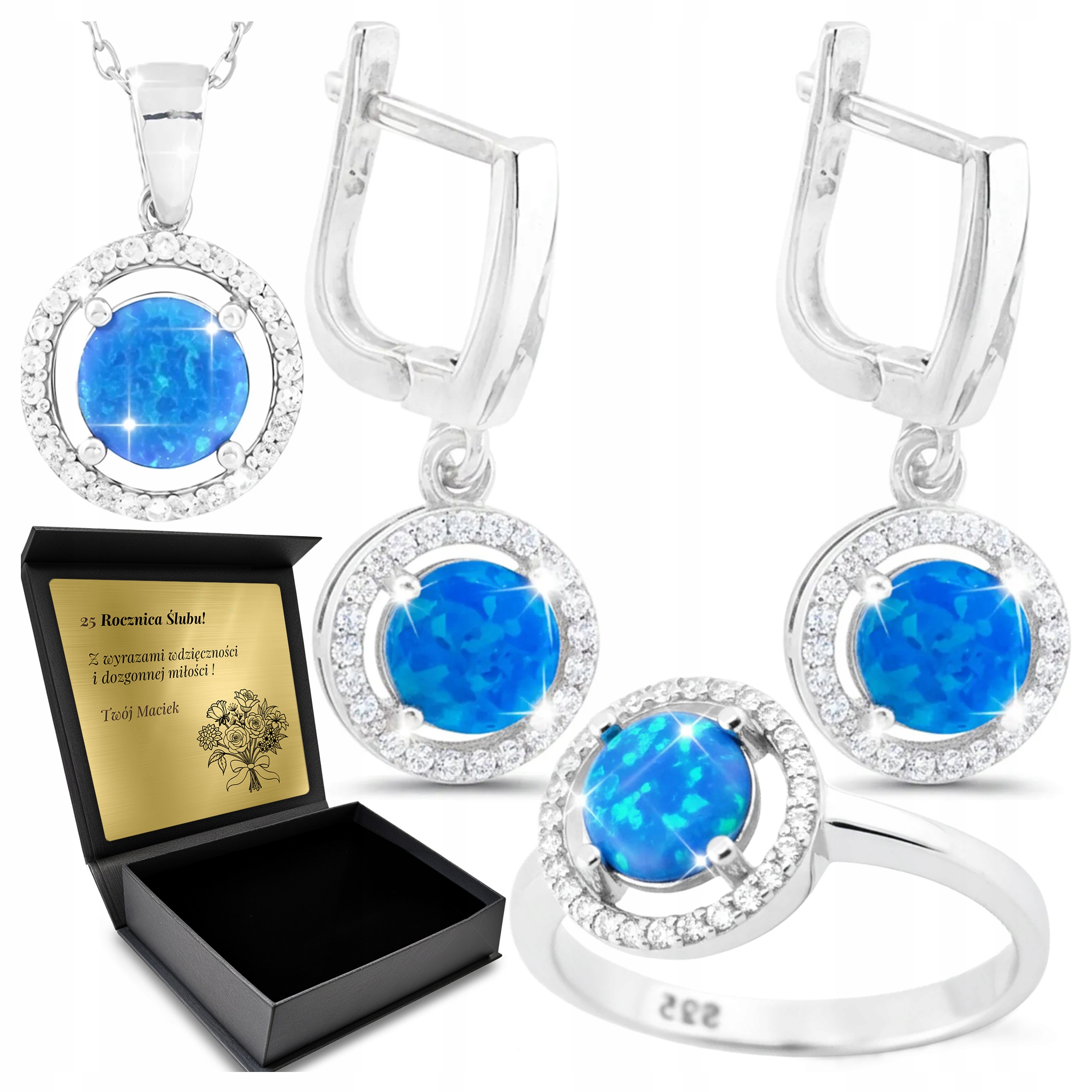 Komplet Stříbrných Šperků 925 Zirkony Opal Dárek pro ženu Gravírování