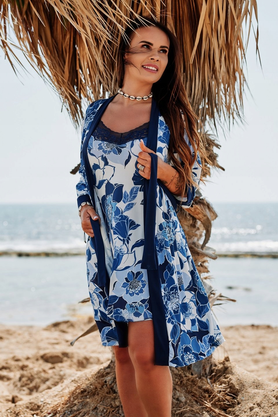 Dámský zavazovací župan Edna Eldar modrý rostlinný motiv S/m