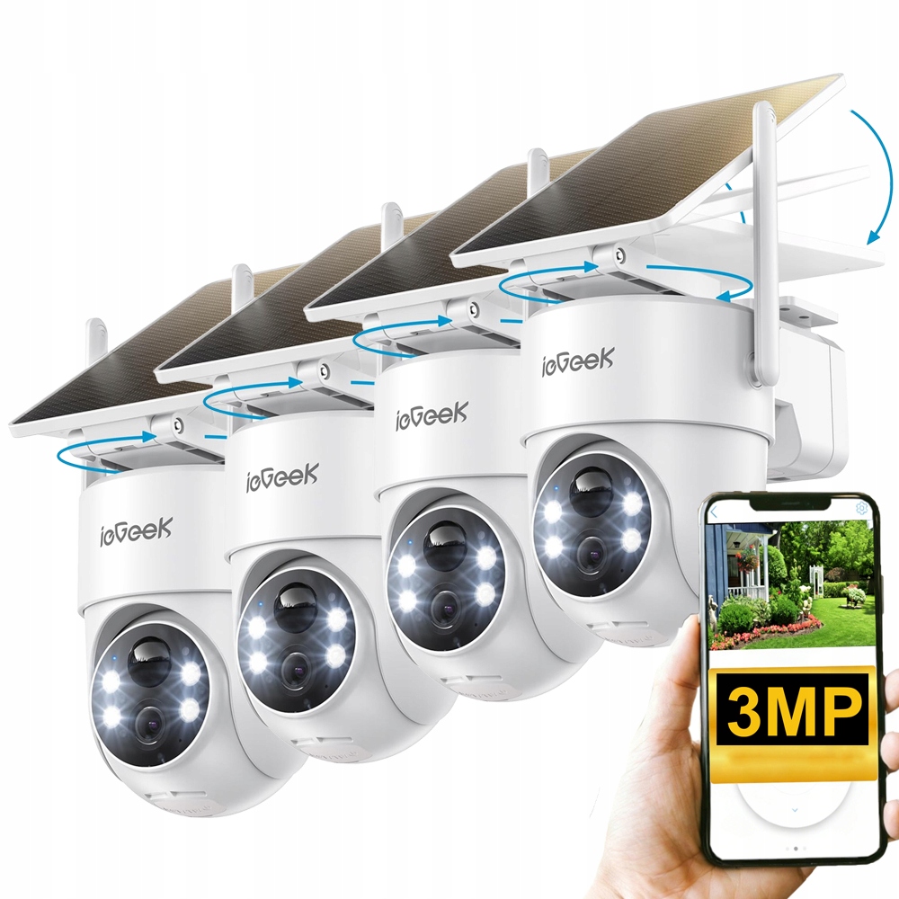 4 kusy 3MPX otočná solární kamera detekce těla Pir 360° Otočná