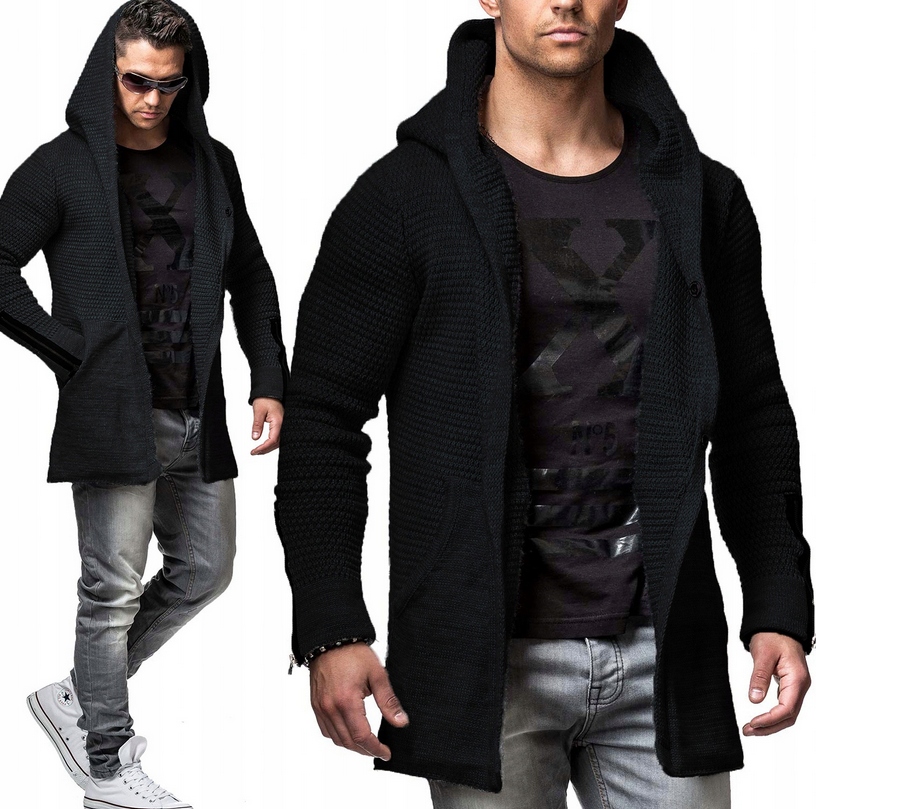 CIEPŁY GRUBY SWETER KARDIGAN Z KAPTUREM - XL