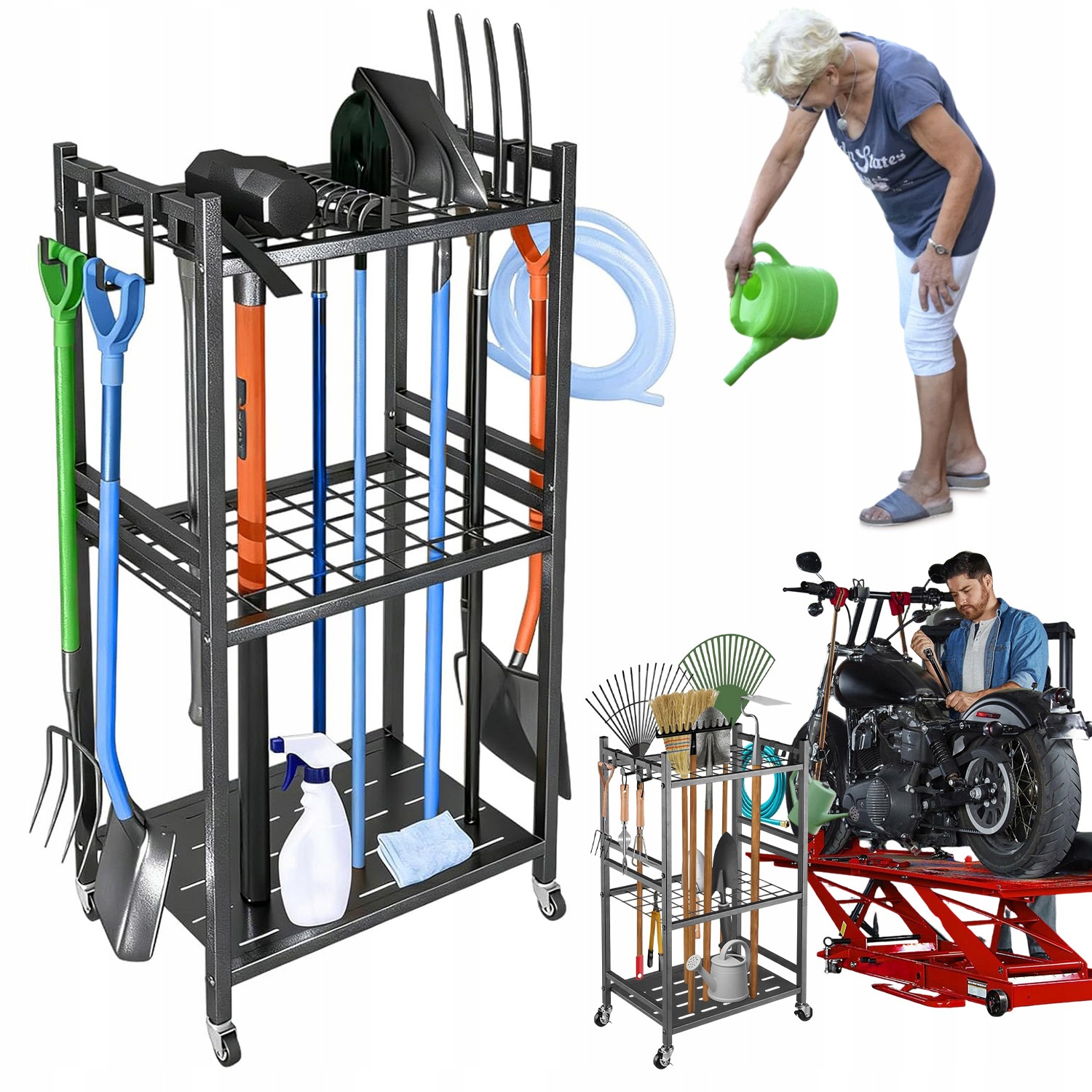 Organizér Na Zahradní Nářadí, Lopaty, 3 Úrovně, Háčky, Kovový Stojan