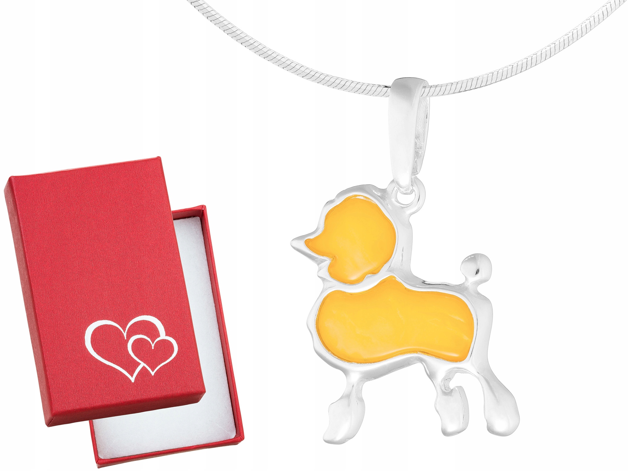 Dlouhý stříbrný dámský náhrdelník Pudl s mléčným jantarem Pes Stříbro 80