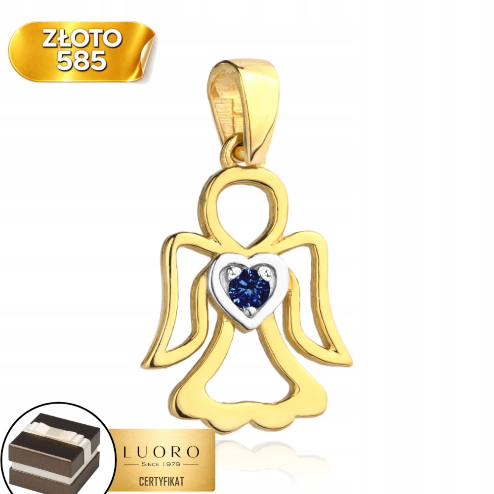 Přívěsek Zlatý 585 14K Andílek Modrý Zirkon Srdce 16 MM Elegantní