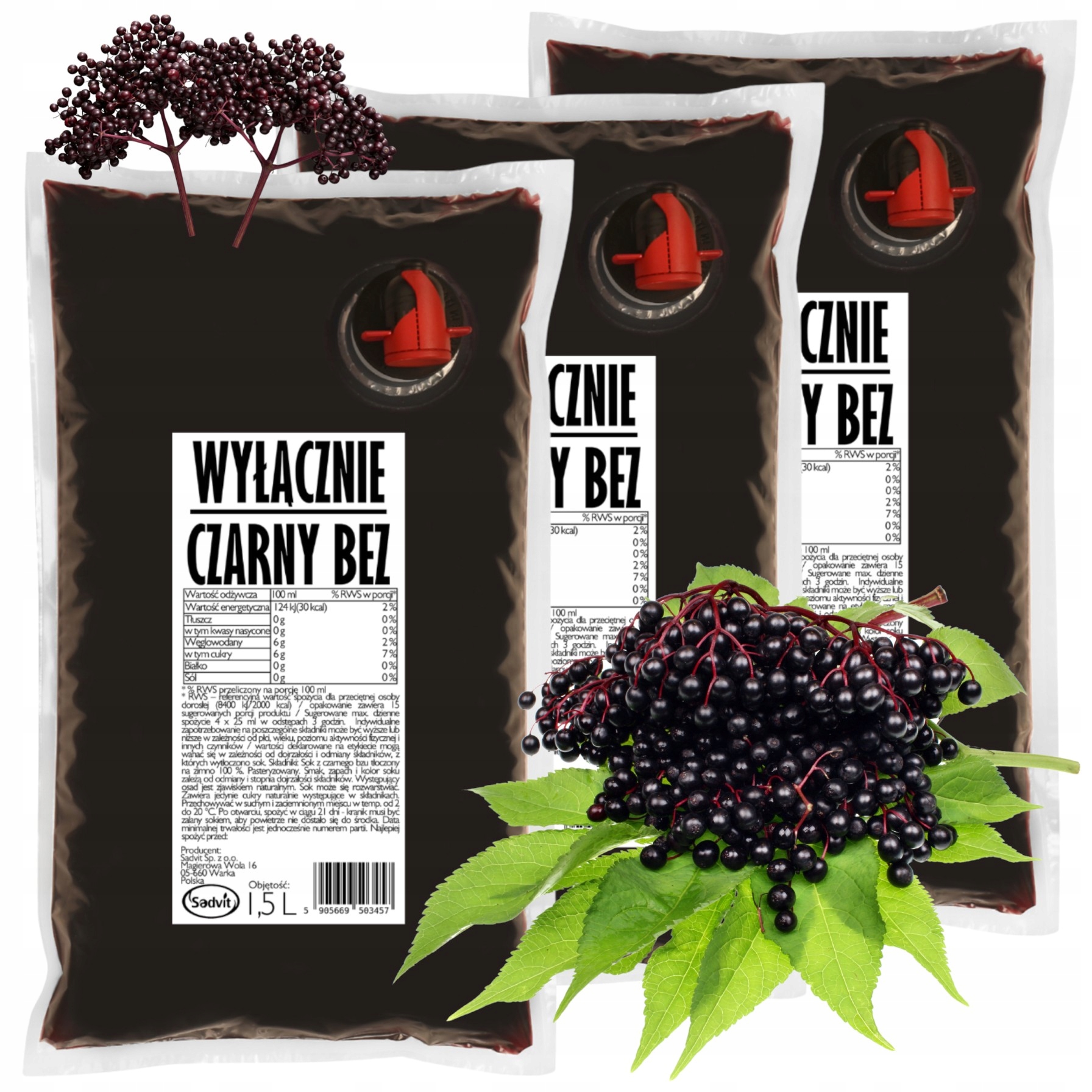 Sok z czarnego bzu 100% Czarny bez Nfc Tłoczony Czysty Bez dodatków 3x1,5l
