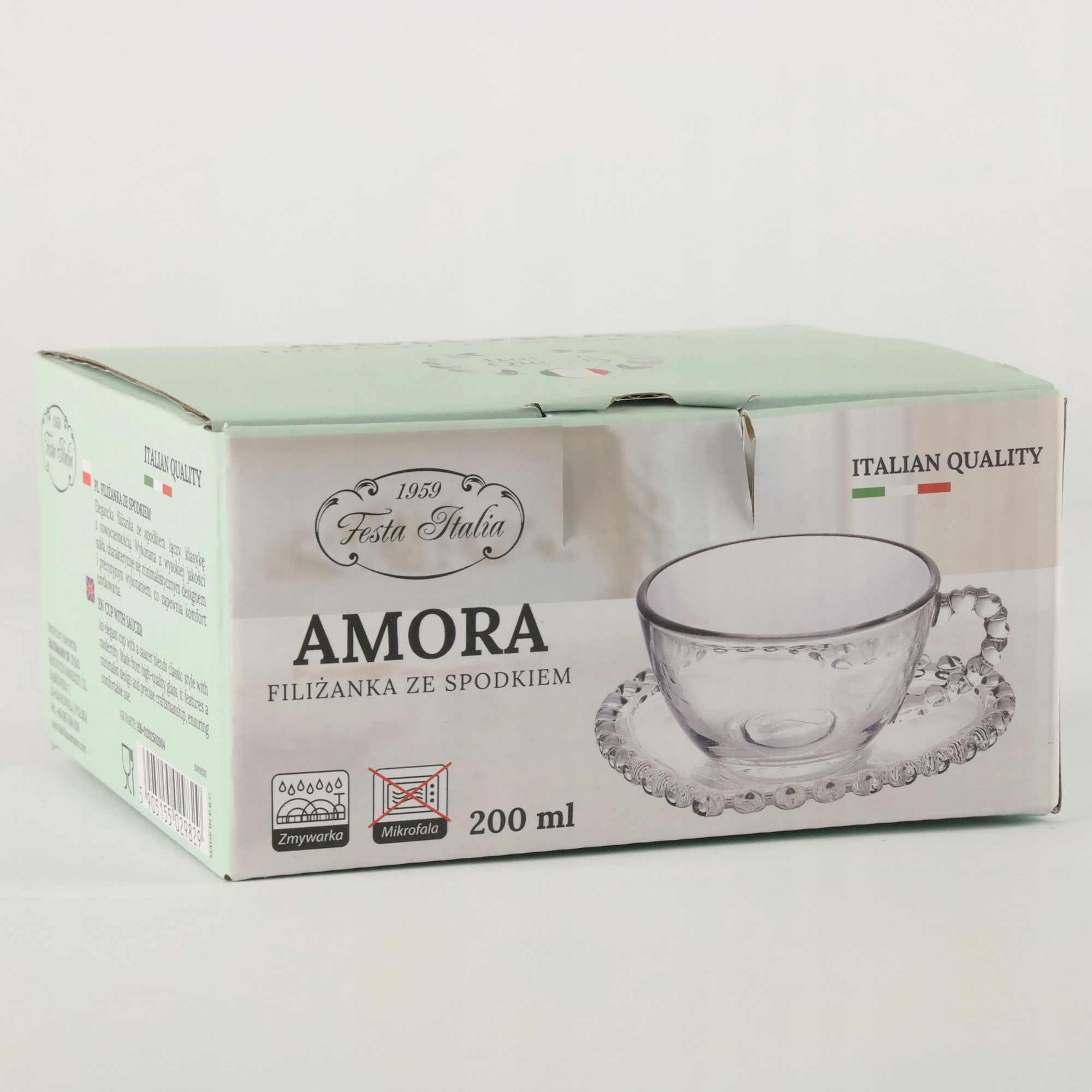 FILIŻANKA ZE SPODKIEM SZKLANA AMORA 200ML NA KAWĘ UNIWERSALNA WZÓR SERCE