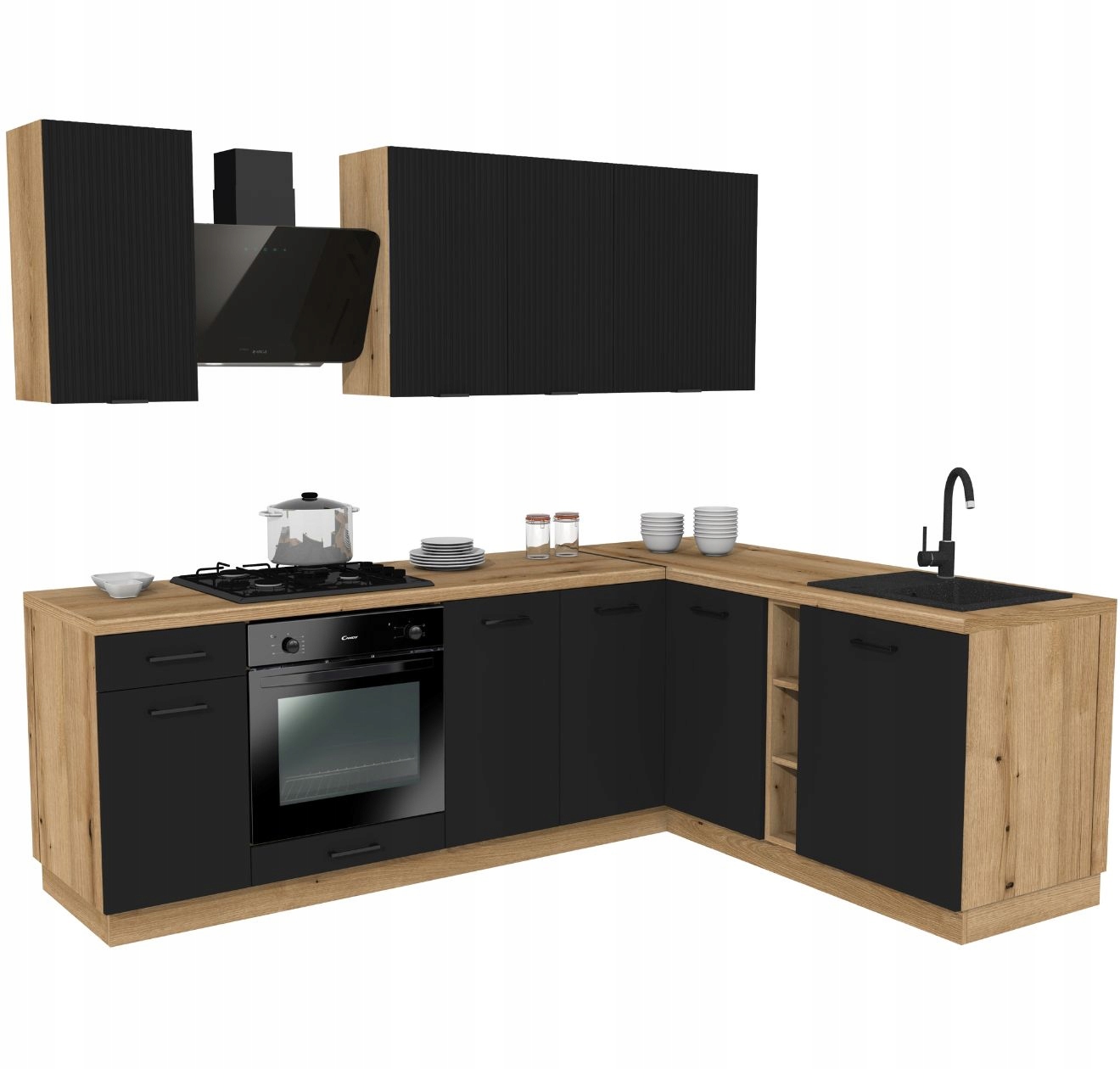 Kuchyňská sada Rohová kuchyně Mix 240/180 Černá s deskou Dub Evoke