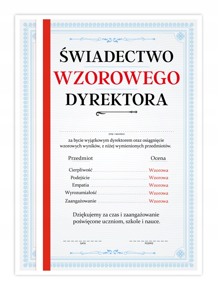 

Świadectwo Wzorowego Dyrektora Czerwony Pasek