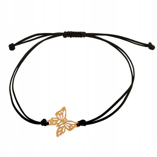 Moderní zlatý náramek ryzosti 585 s motýlkem na provázku v černé barvě