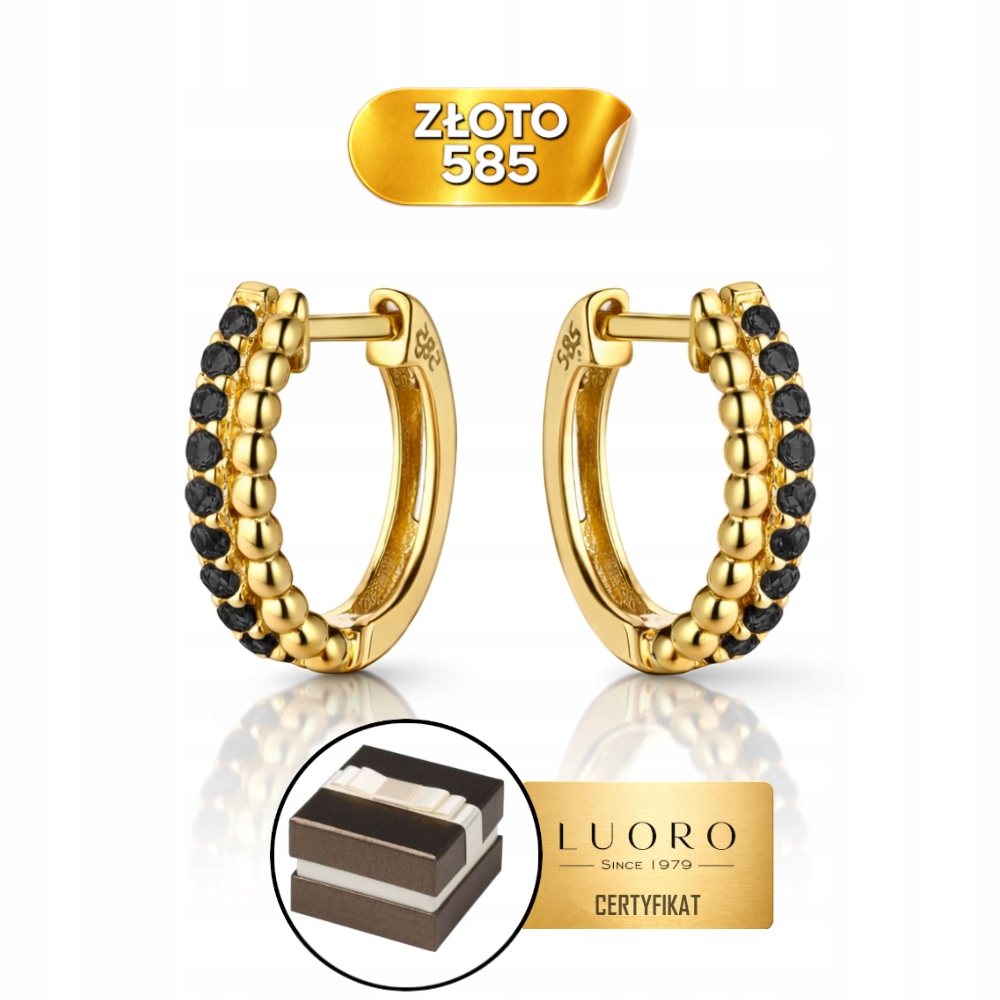 Náušnice Zlaté 585 14K Kuličky Černé Zirkony Anglické Zapínání 10 MM
