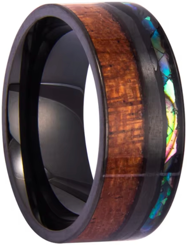 Černý prsten s dřevem a perlovou hmotou Sygnet Luxus Elegance