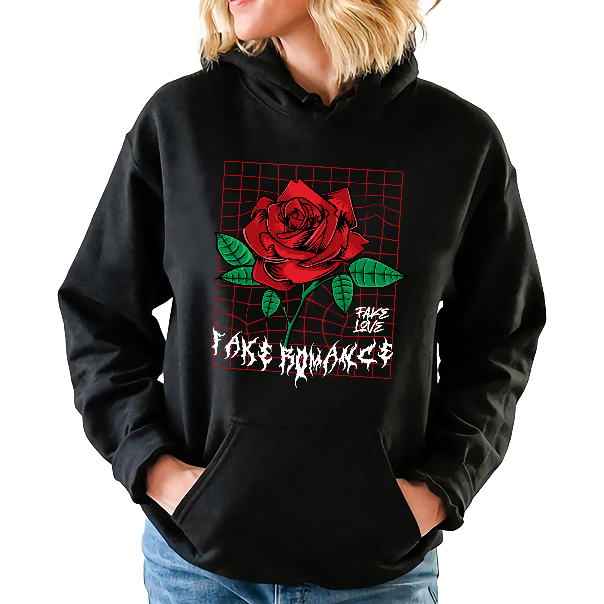 Mikina S Kapucí Černá Fake Romance Dárek Módní Streetwear Vel S