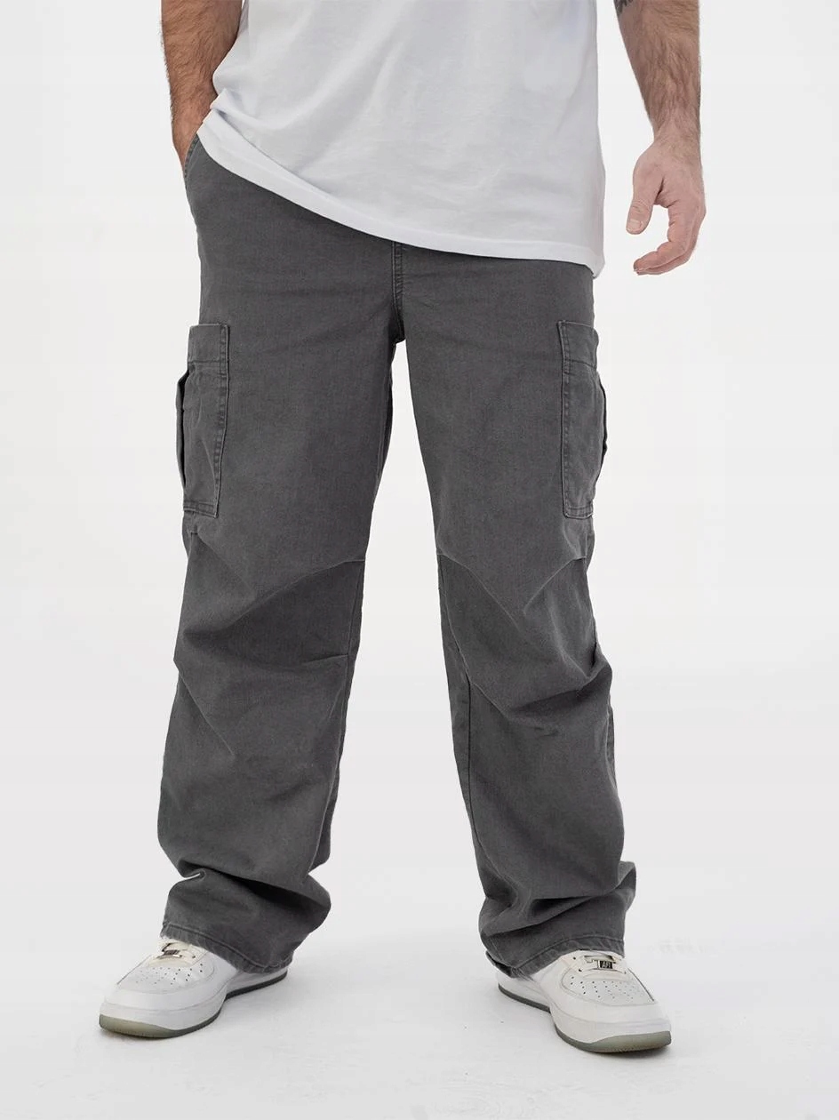 SPODNIE MĘSKIE Materiałowe BAGGY Bojówki SZEROKIE MODNE Szare Jigga Wear XL Linia regular