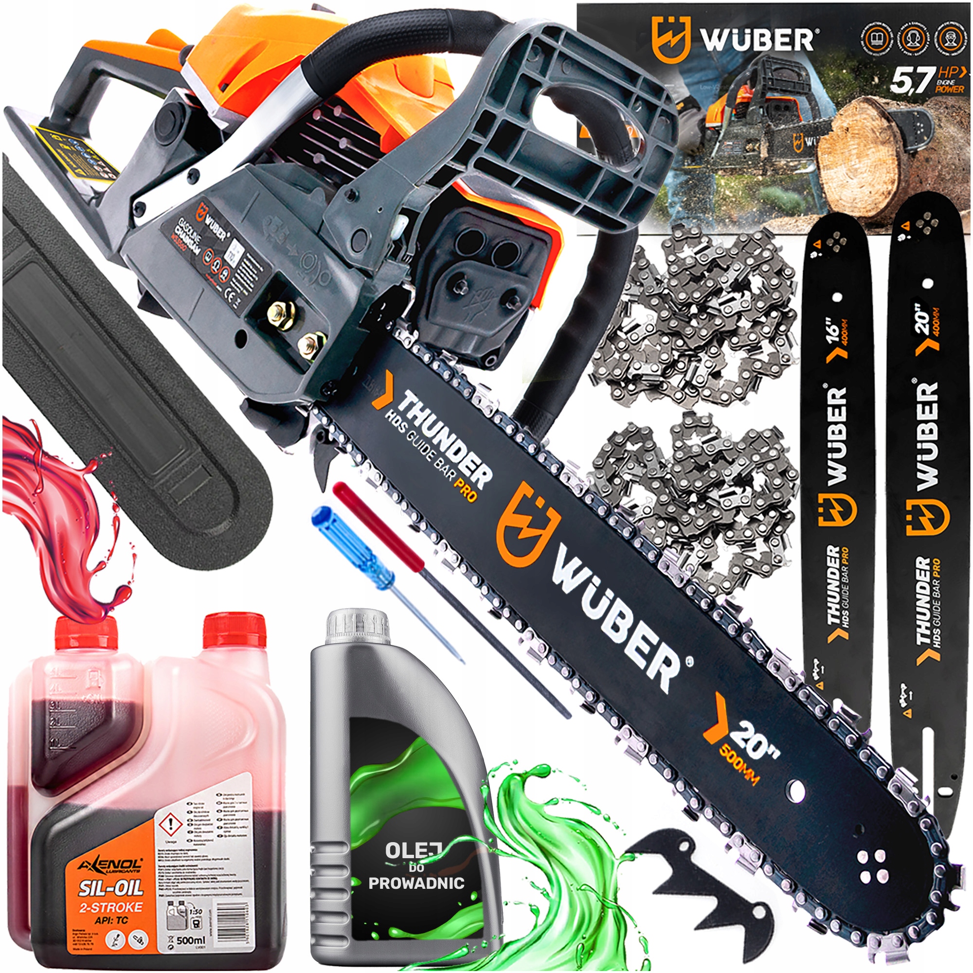 Benzínová Motorová Pila Řetězová Na Dřevo 5,7 Hp 2 Vodící Lišty Olej 2x Řetěz