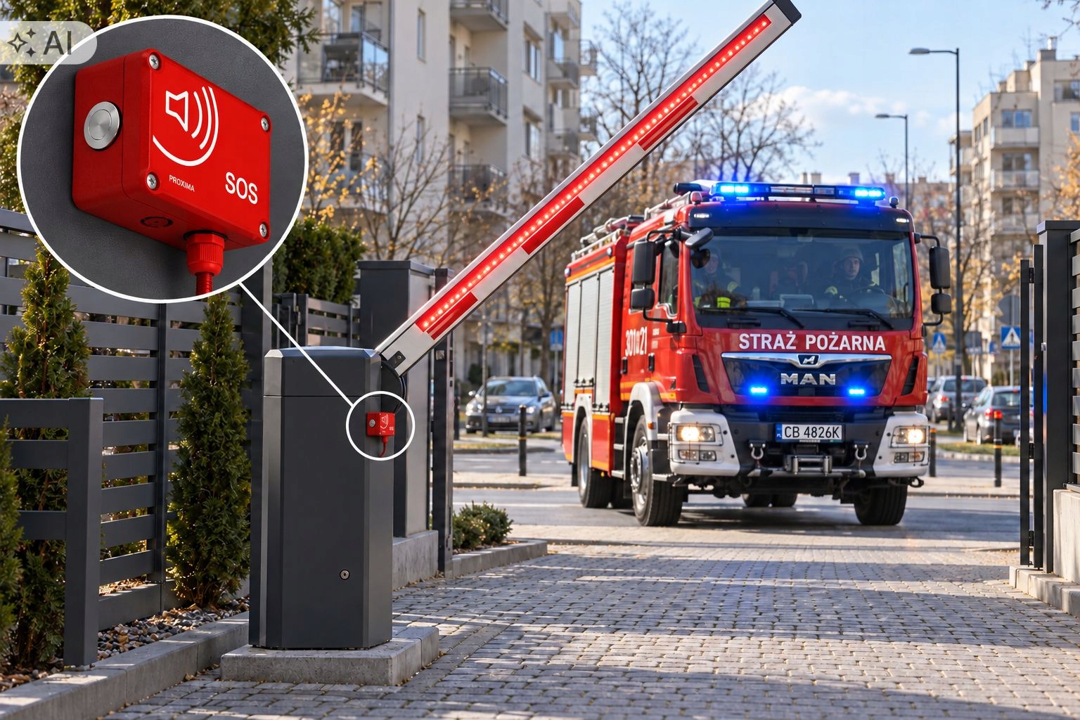 Sos ovladač pro závorovou bránu, otevírání sirénou ambulance policejní stráže