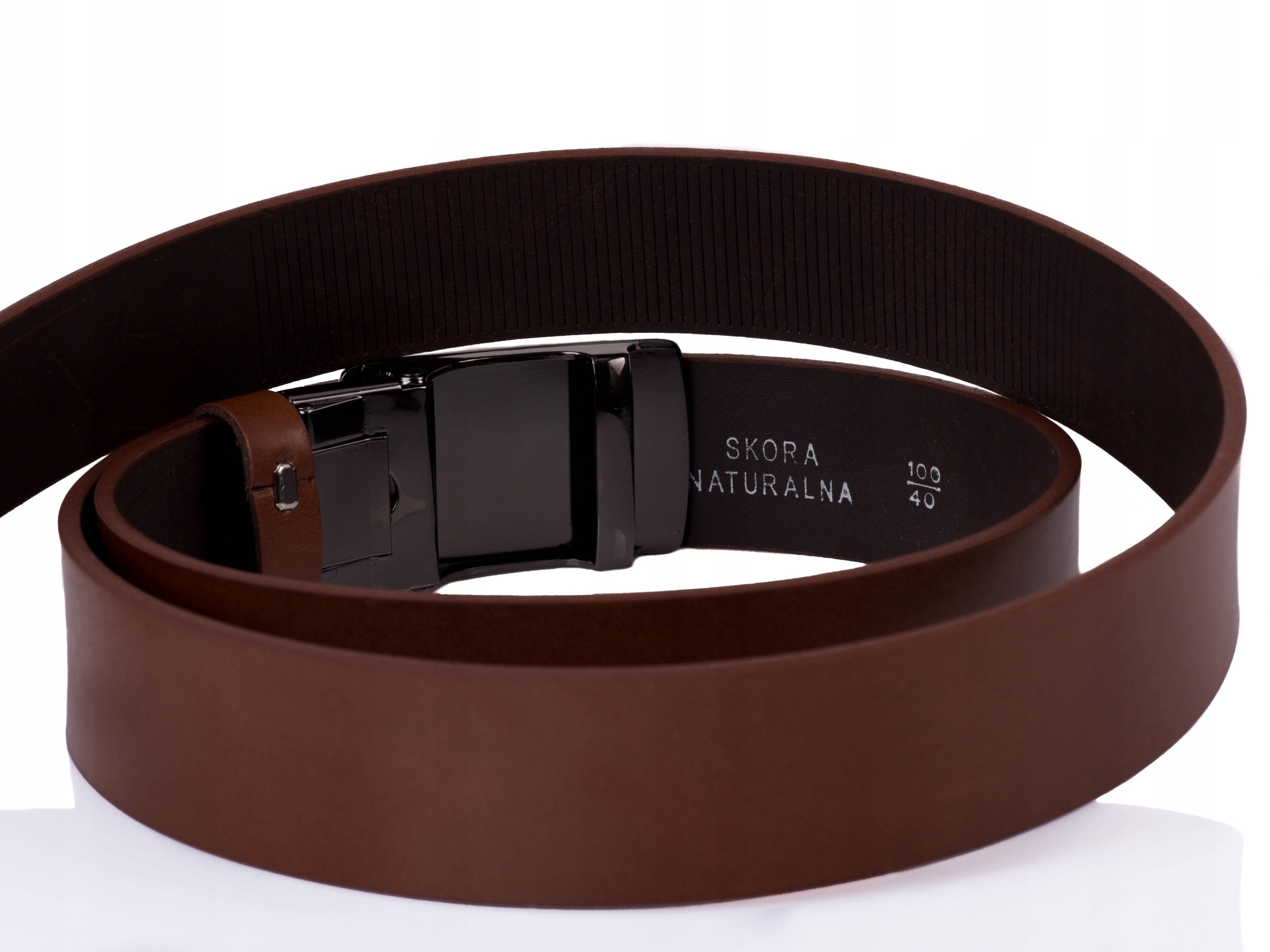 SKÓRZANY Pasek AUTOMAT garnitur jeans BRĄZ Długość bez klamry 85 cm
