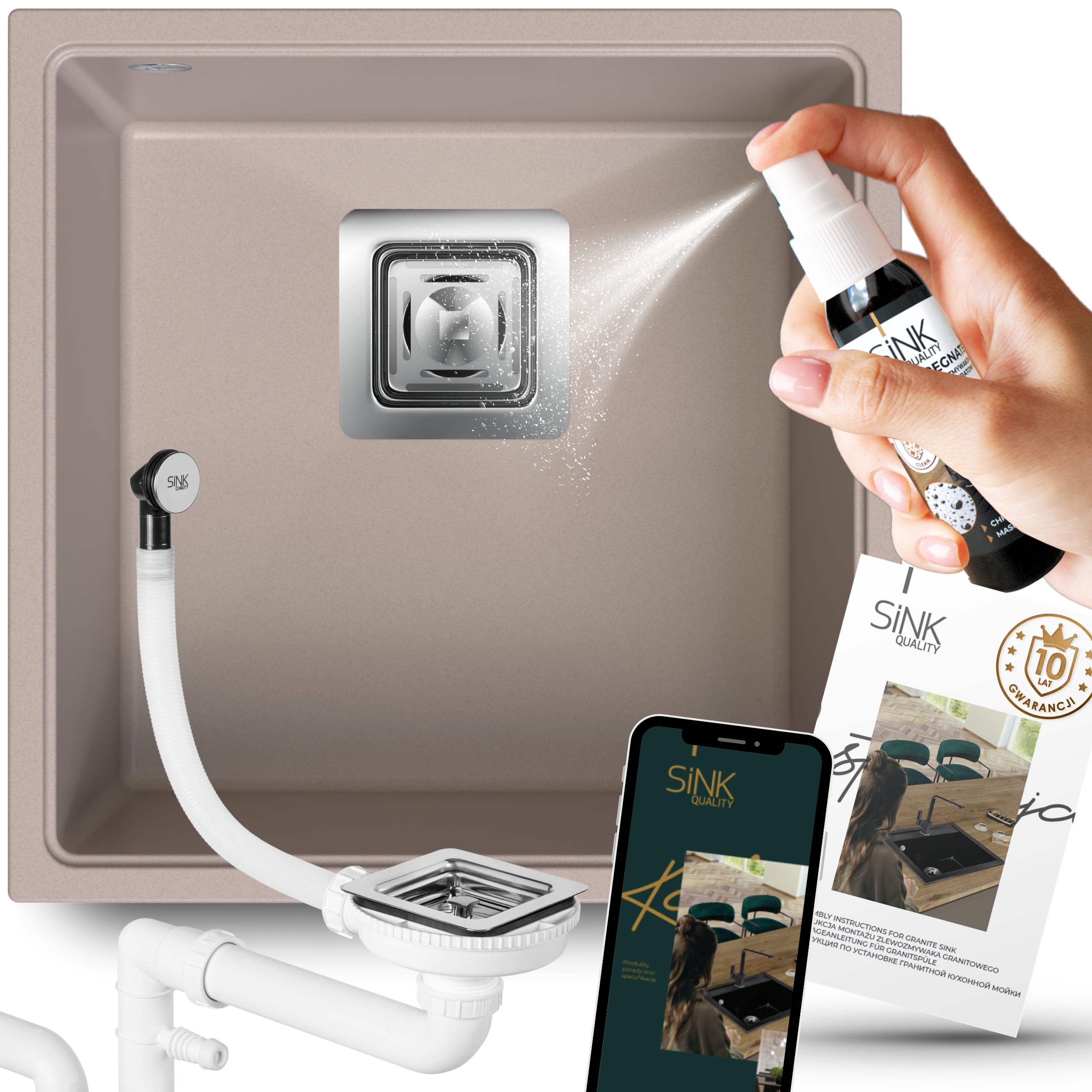 Dřez závěsné pod desku Béžové Granitové Jednokomorové 9v1