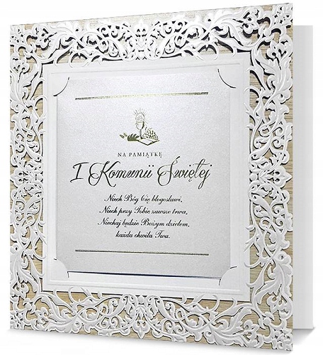 Kartka Pamiątka Komunii ażurowa, perłowa pięknie zdobiona XL PDP181