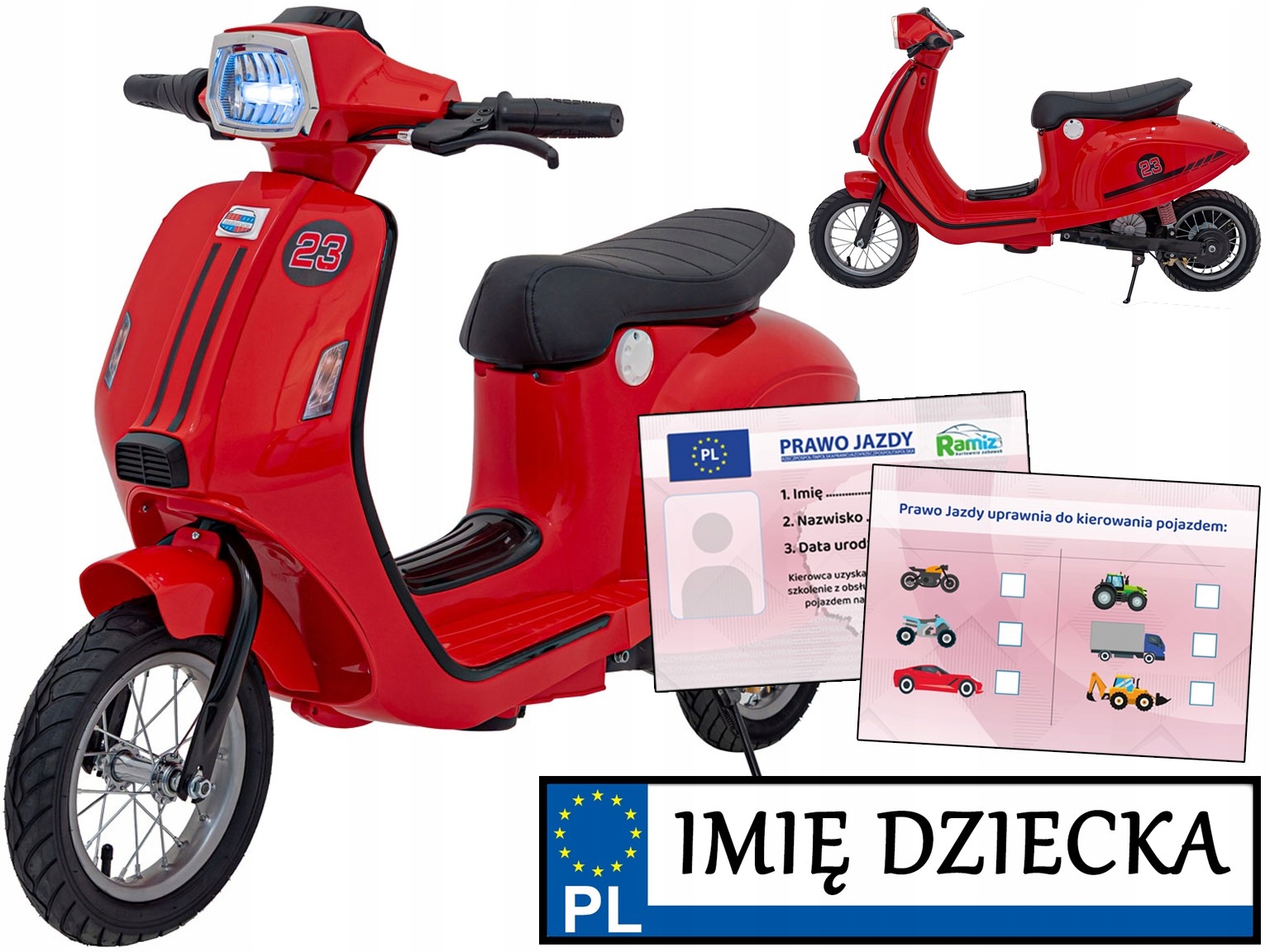 Elektryczny Skuter Dla Dziecka motor na akumulator Retro 23 pompowane koła