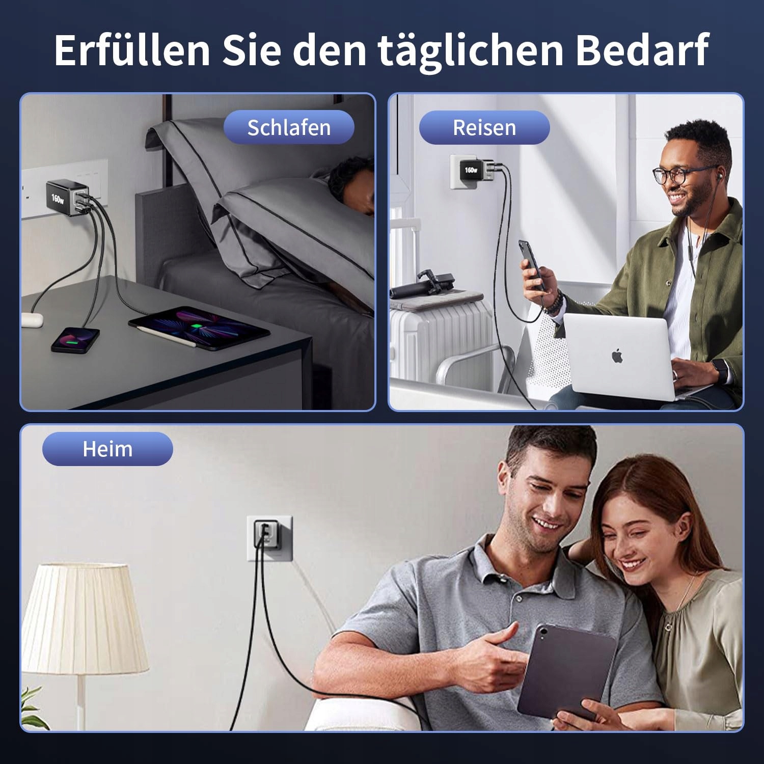 HSSNS 160W USB C Ladowarka 3-Port GaN Szybkie Ladowanie MacBook iPad iPhone — miniatura 5