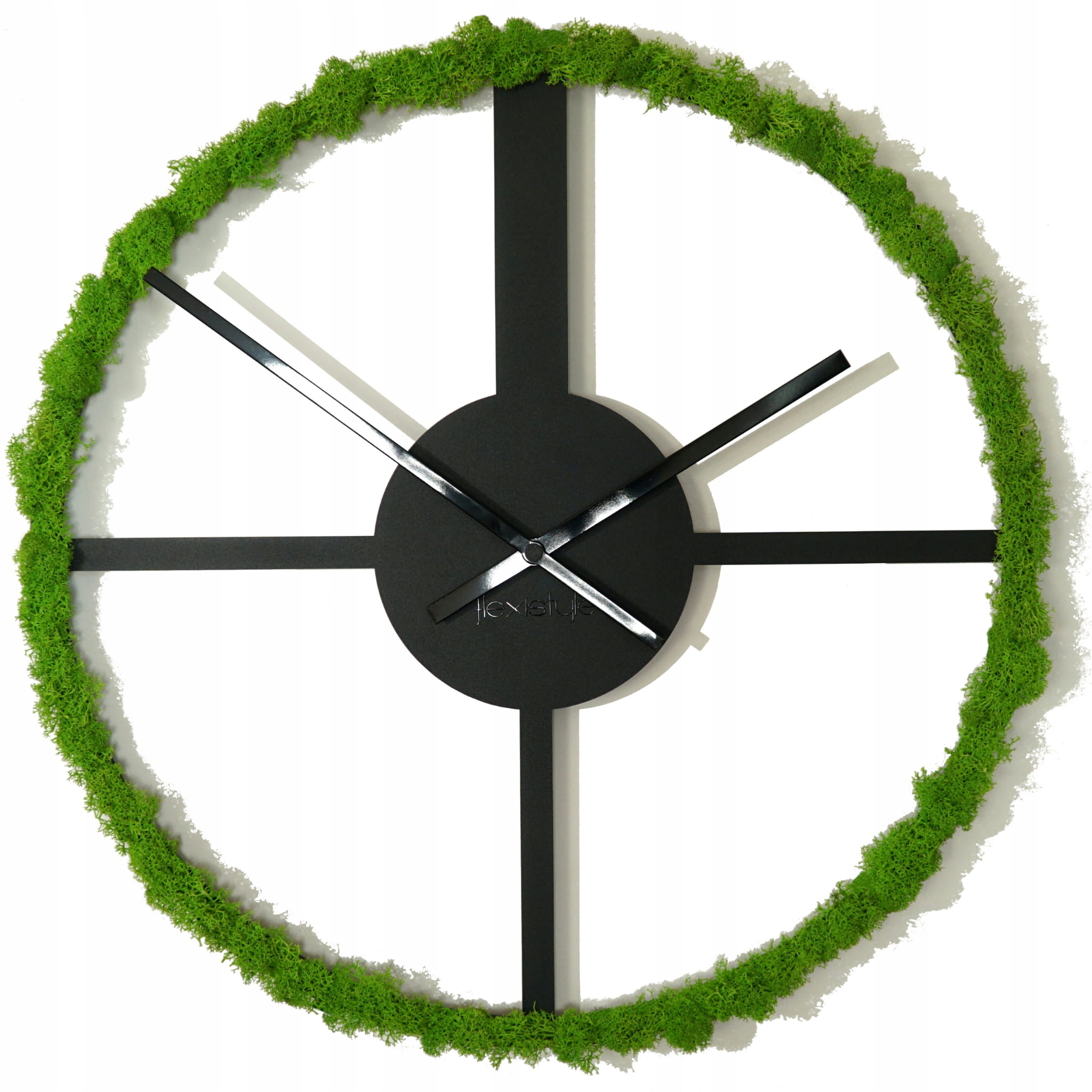 Kovové černé nástěnné hodiny s mechem chrobotkem 50 cm