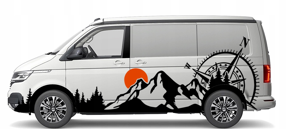 NAKLEJKA Grafika na kamper Przyczepę GÓRY KOMPAS RÓŻA WIATRÓW LAS 90x282 Producent MGDesign