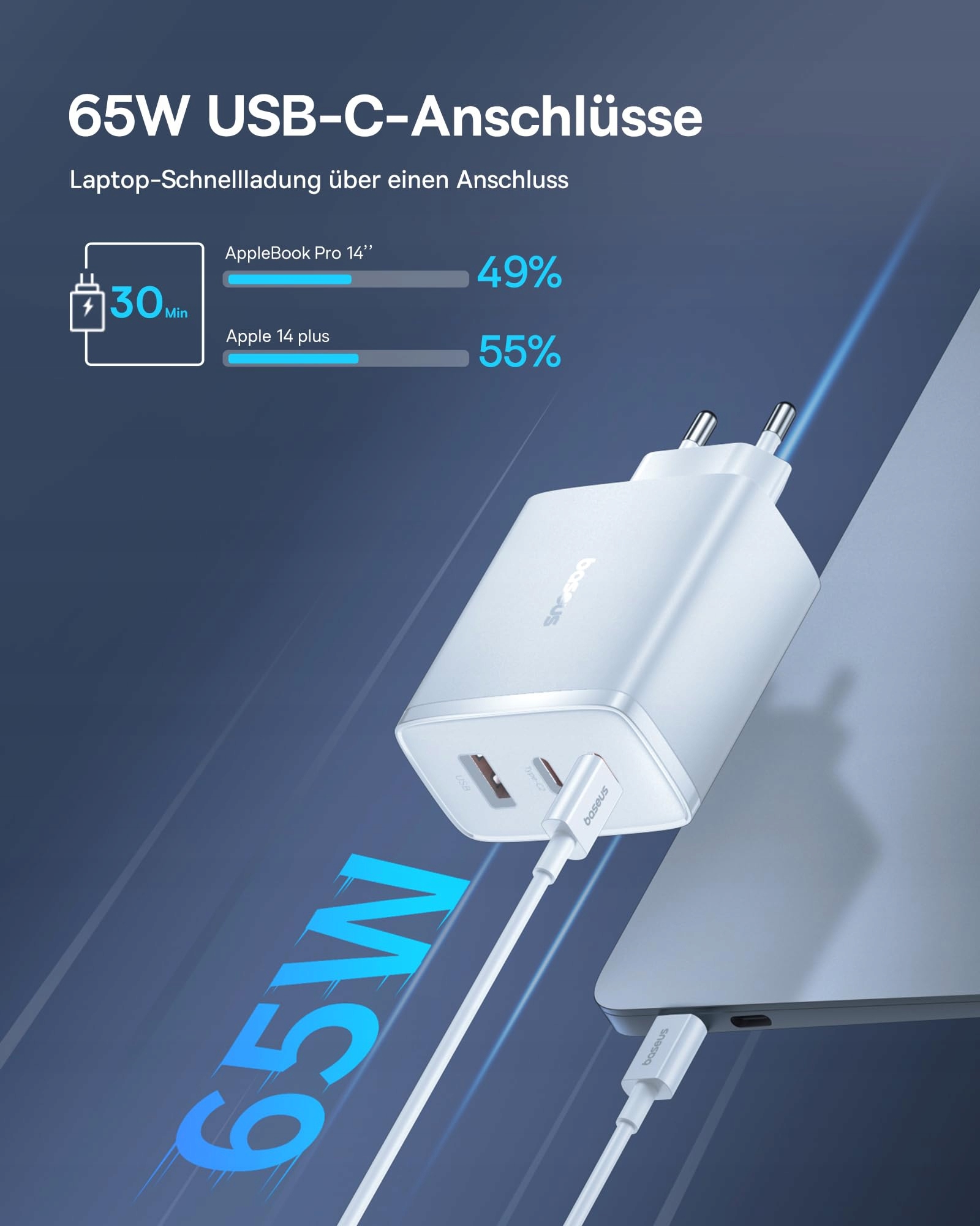 BASEUS Ładowarka USB C 65W 3-Port PD GaN Szybkie Ładowanie MacBook — miniatura 3